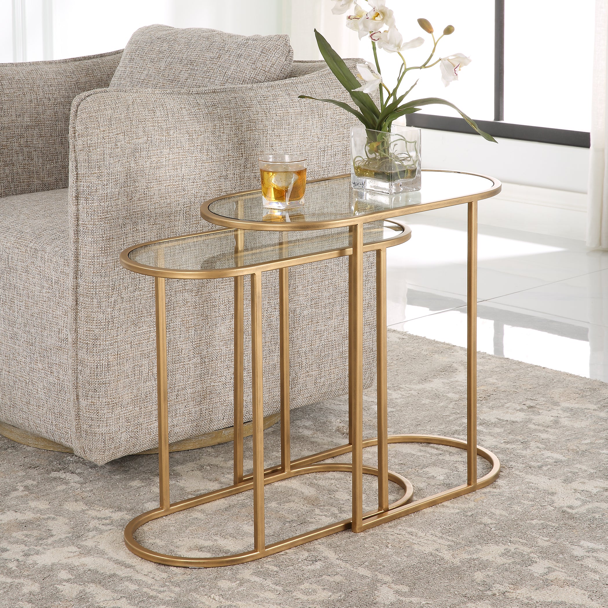 Modern Accents Oval Shaped Iron Nesting With Clear Glass Top Table - Set of 2