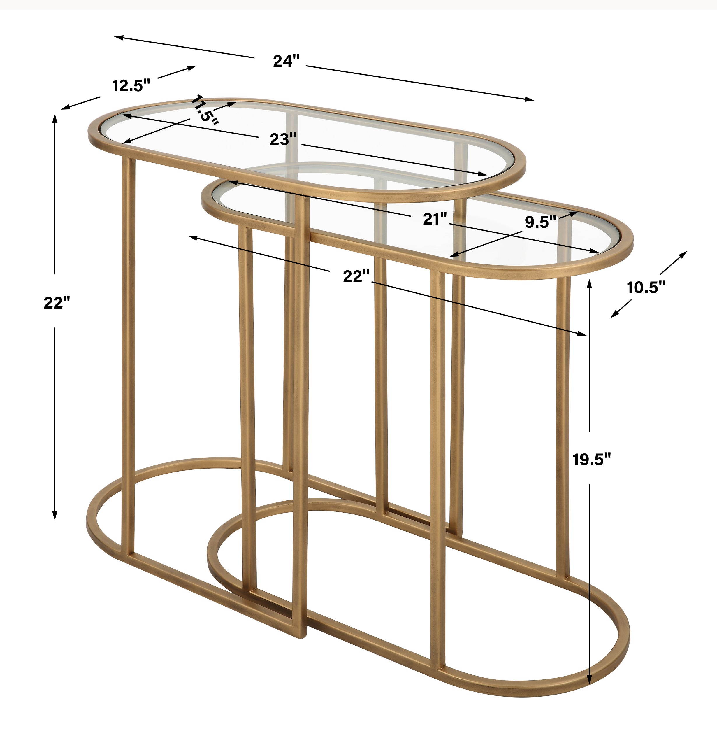 Modern Accents Oval Shaped Iron Nesting With Clear Glass Top Table - Set of 2