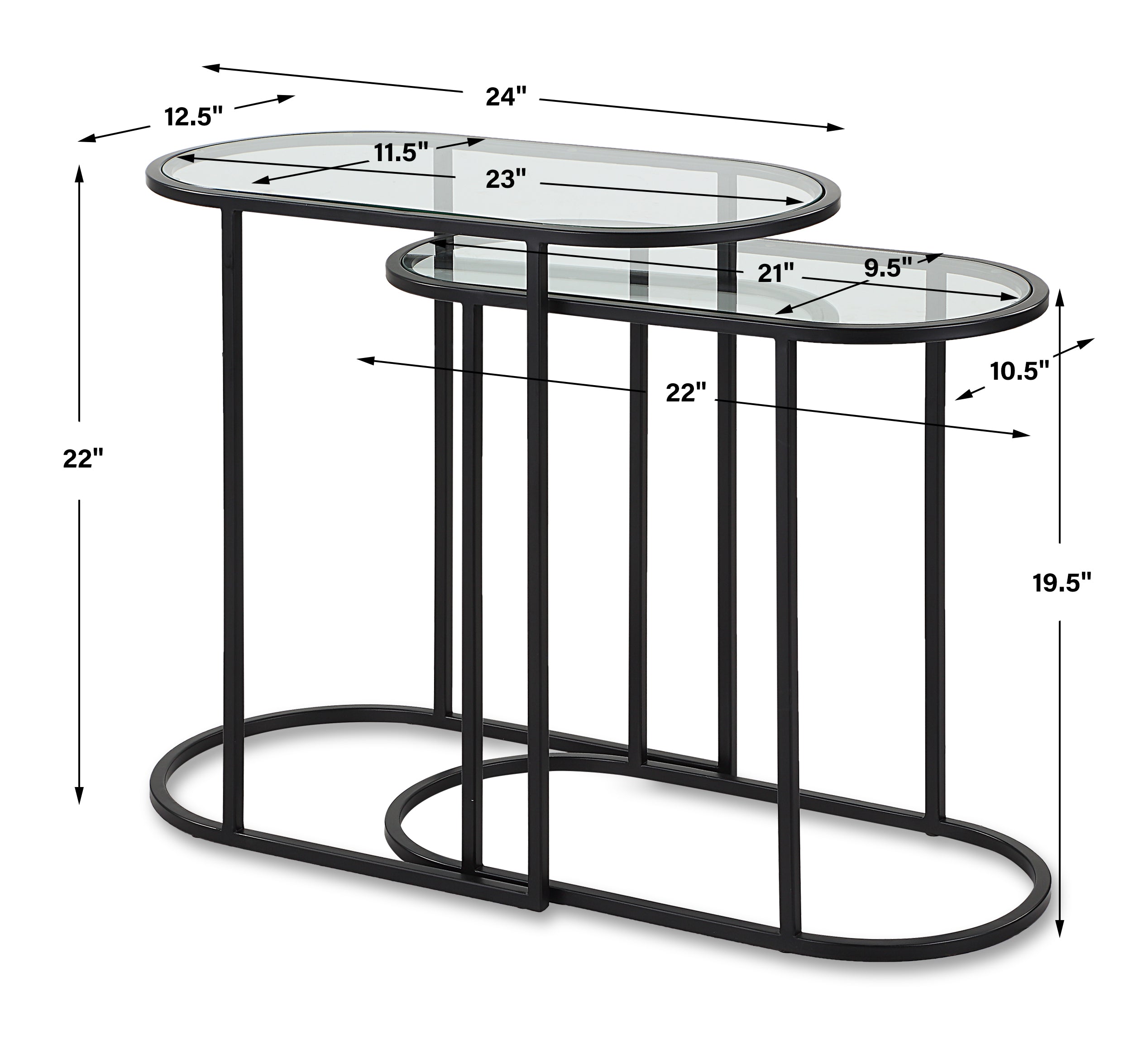 Modern Accents Oval Shaped Iron Nesting With Clear Glass Top Table - Set of 2