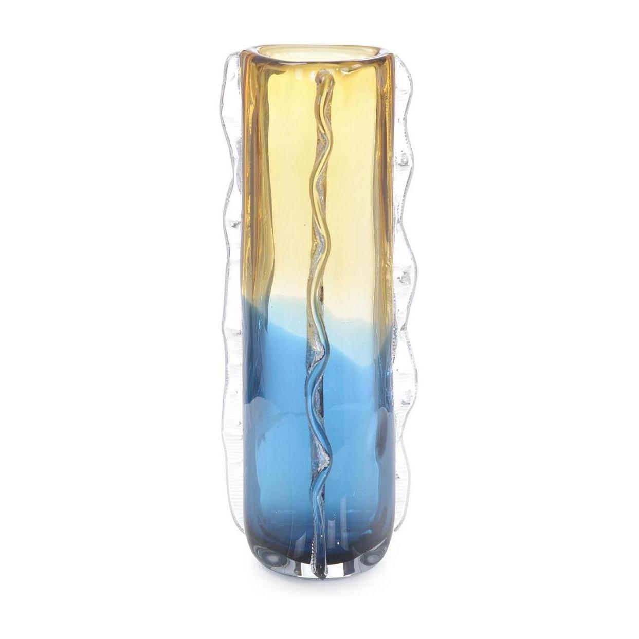 John Richard Decor Blue And Yellow Rippled Handblown Glass Vase I
