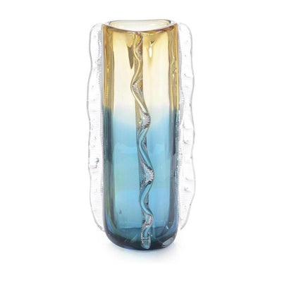 John Richard Decor Blue And Yellow Rippled Handblown Glass Vase II