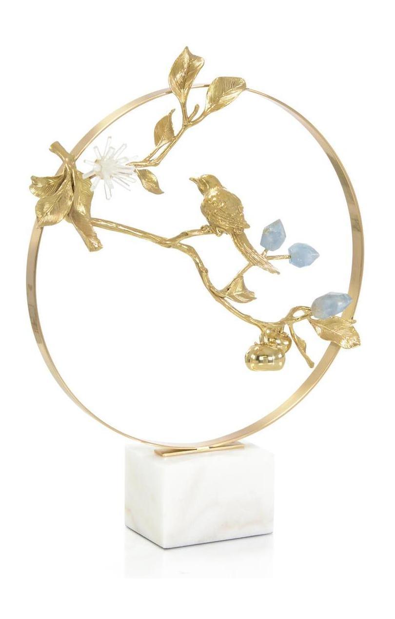 John Richard Decor Brass Bird and Kyanite Flowers Sculpture