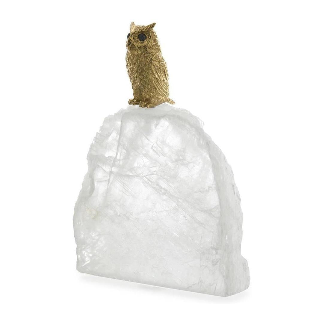 John Richard Decor Perched Brass Owl Sculpture on Selenite