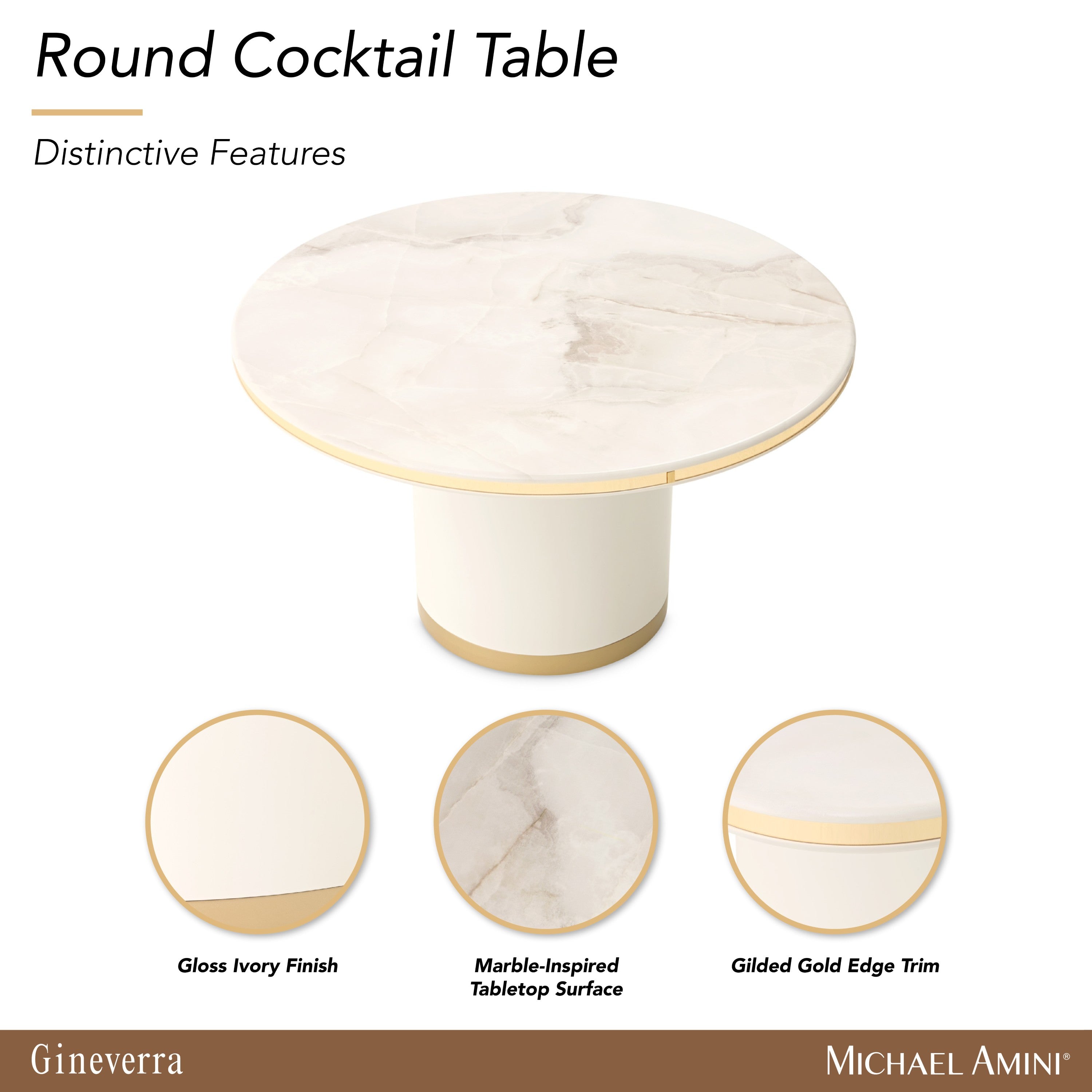 Michael Amini Gineverra Round Cocktail Table - Ivory Gold
