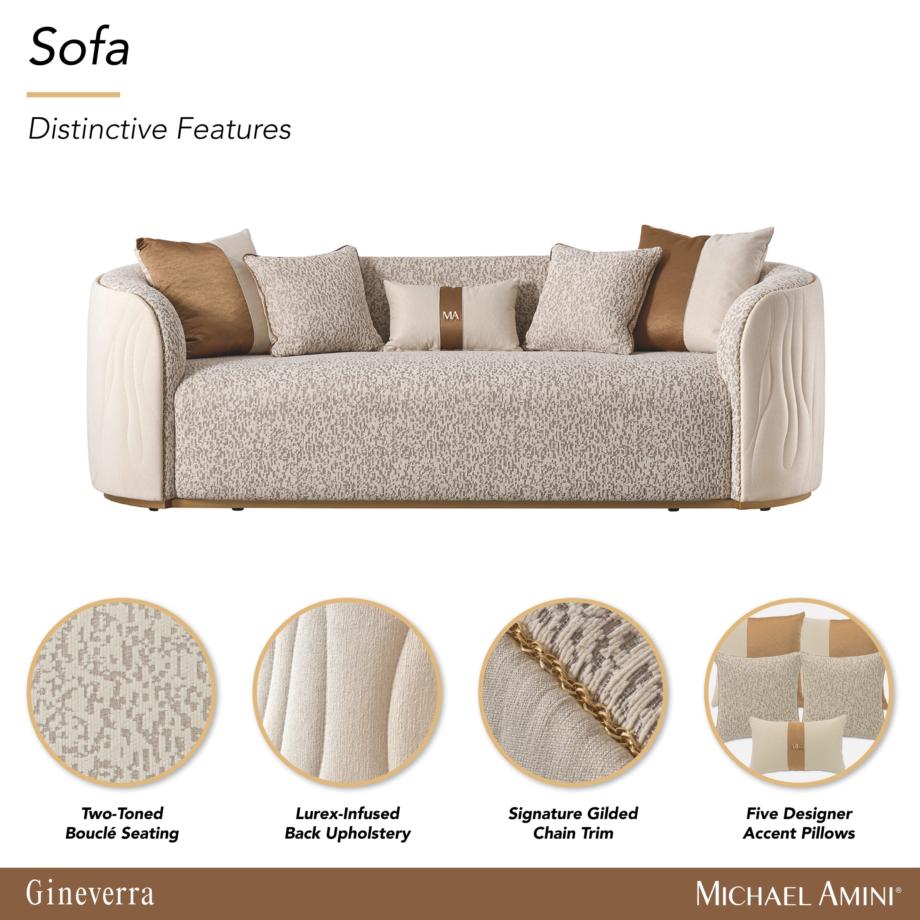 Michael Amini Gineverra Sofa - Biscotti/Ivory Gold