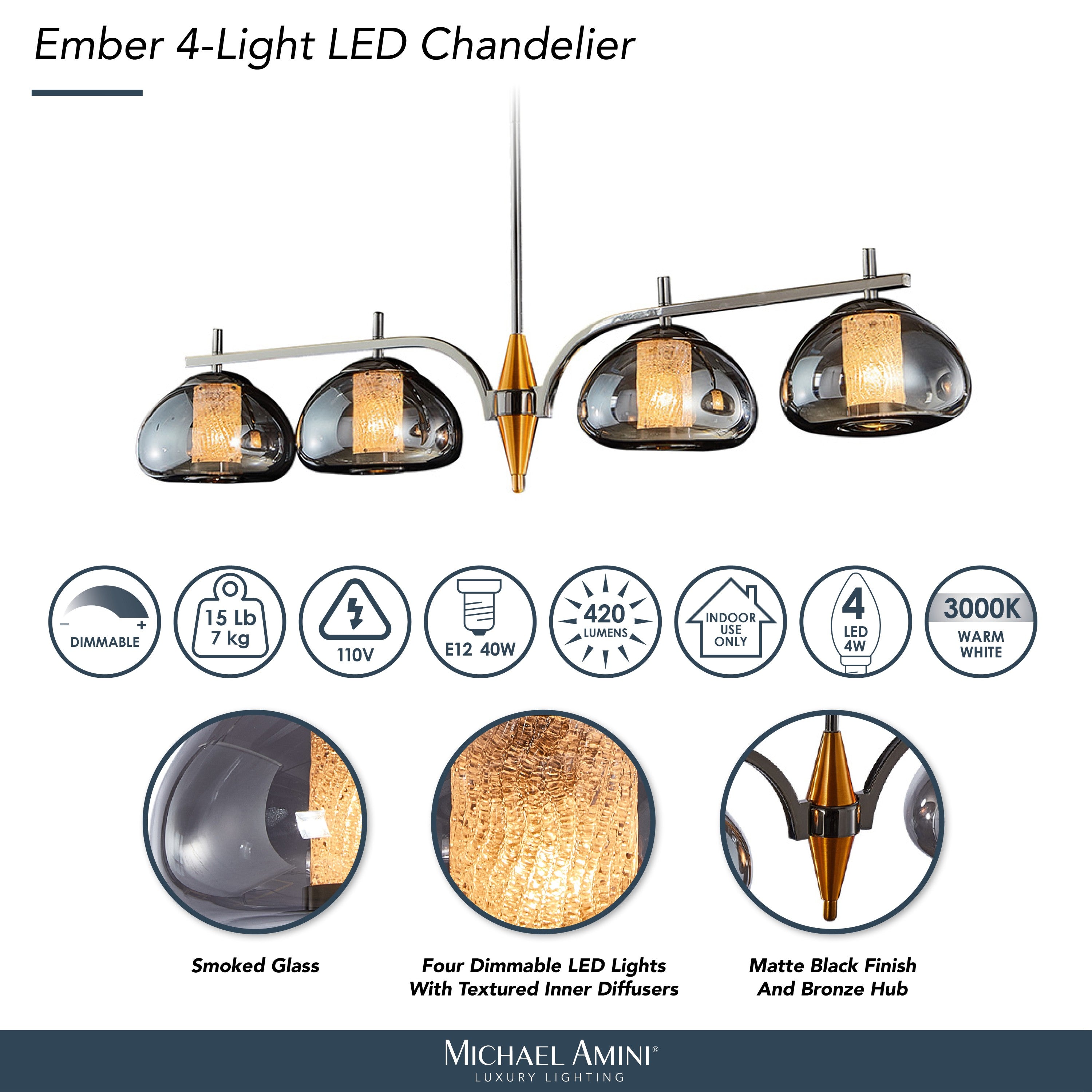 Michael Amini Ember 4-Light LED Chandelier - Smoke/Black Pearl