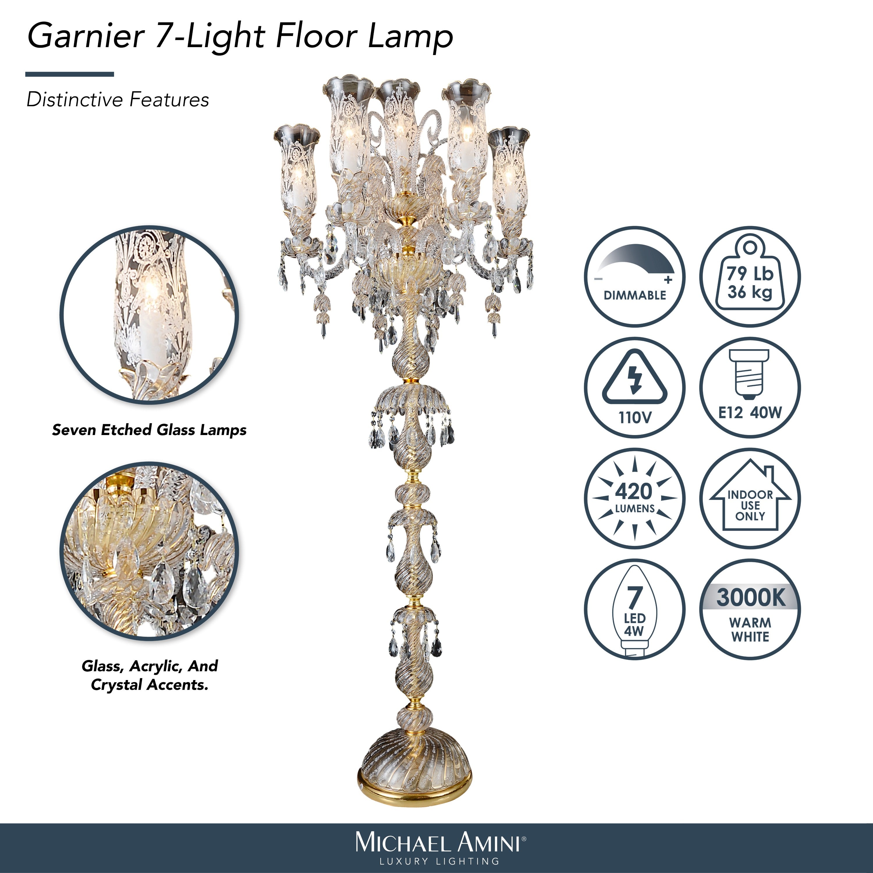 Michael Amini Garnier 7-Light Traditional Crystal Floor Lamp - Gold