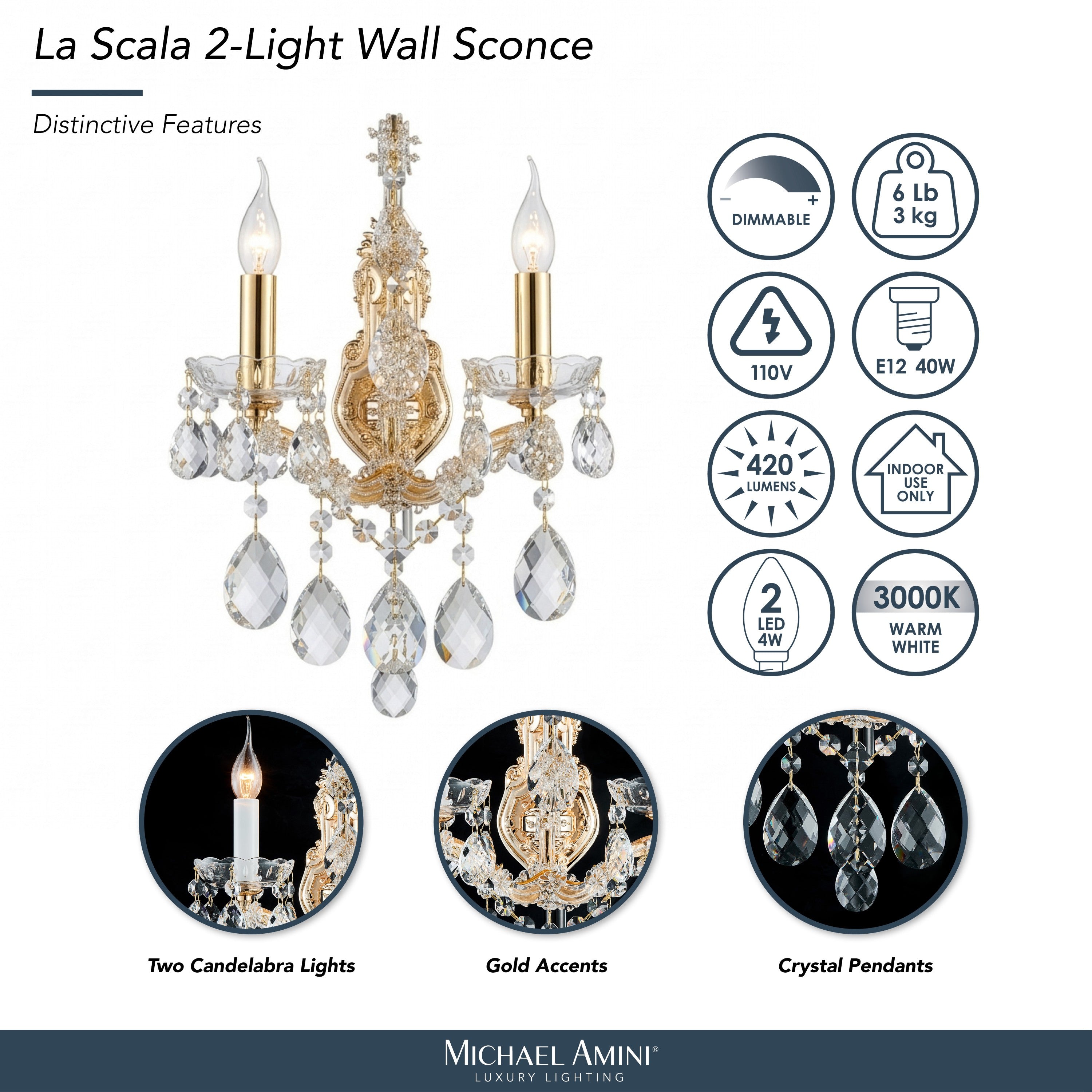 Michael Amini La Scala Traditional Crystal Wall Sconce - Gold