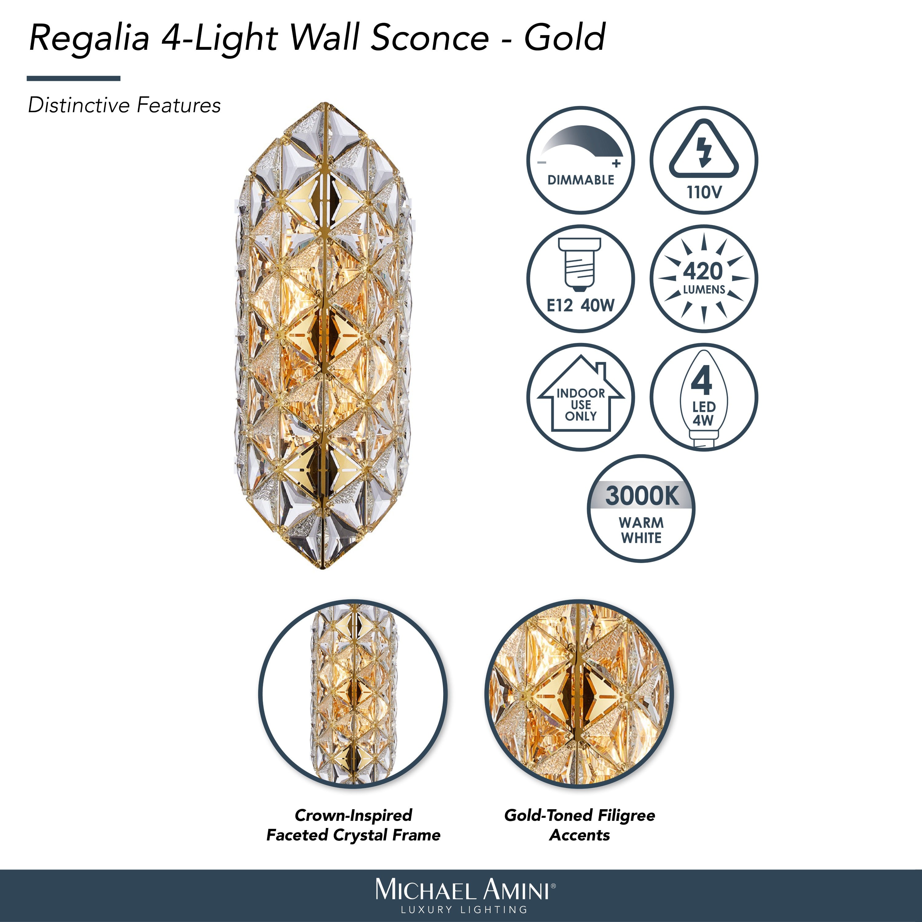 Michael Amini Regalia 4-Light Crystal Wall Sconce - Gold