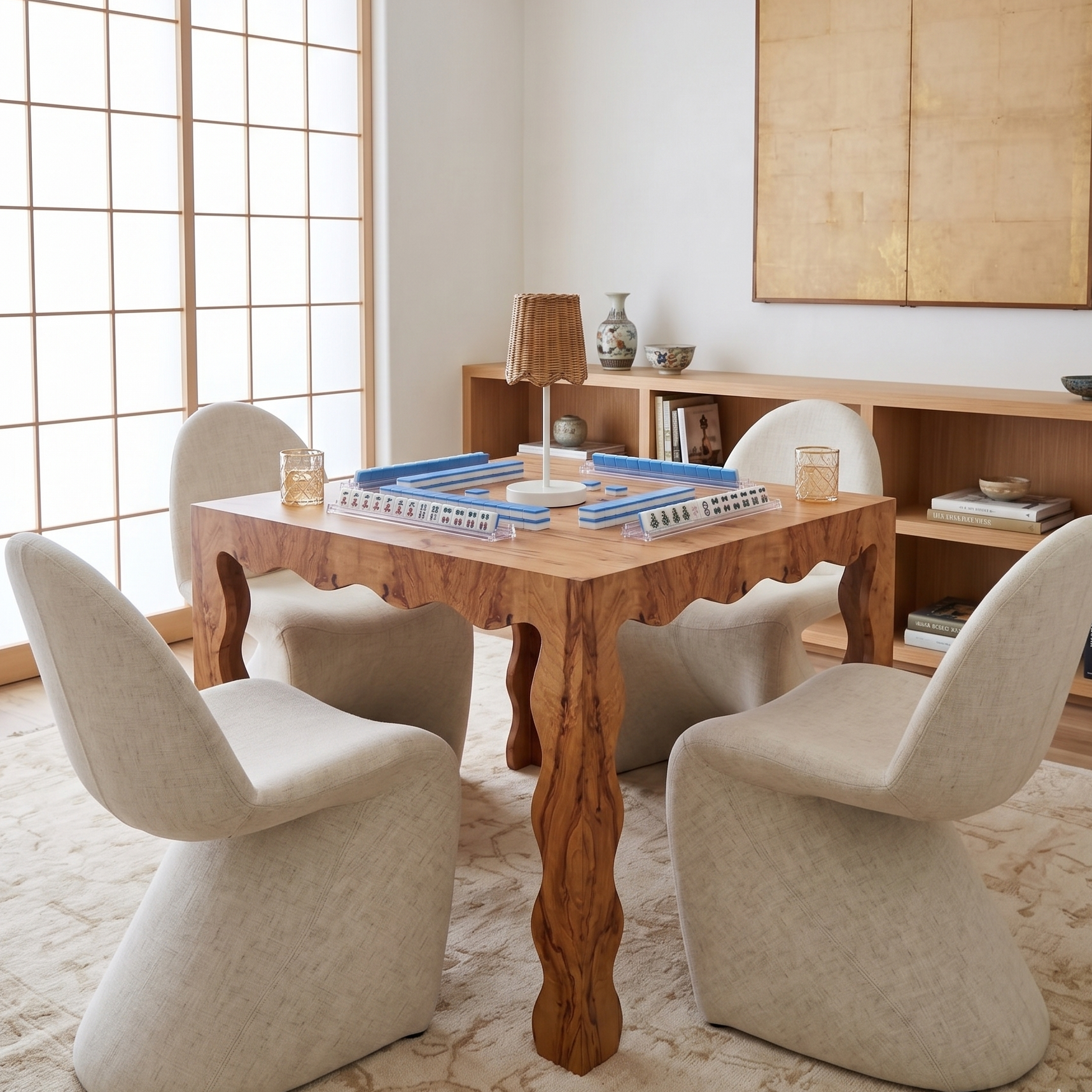 Game room with wooden table and chairs near a large window
