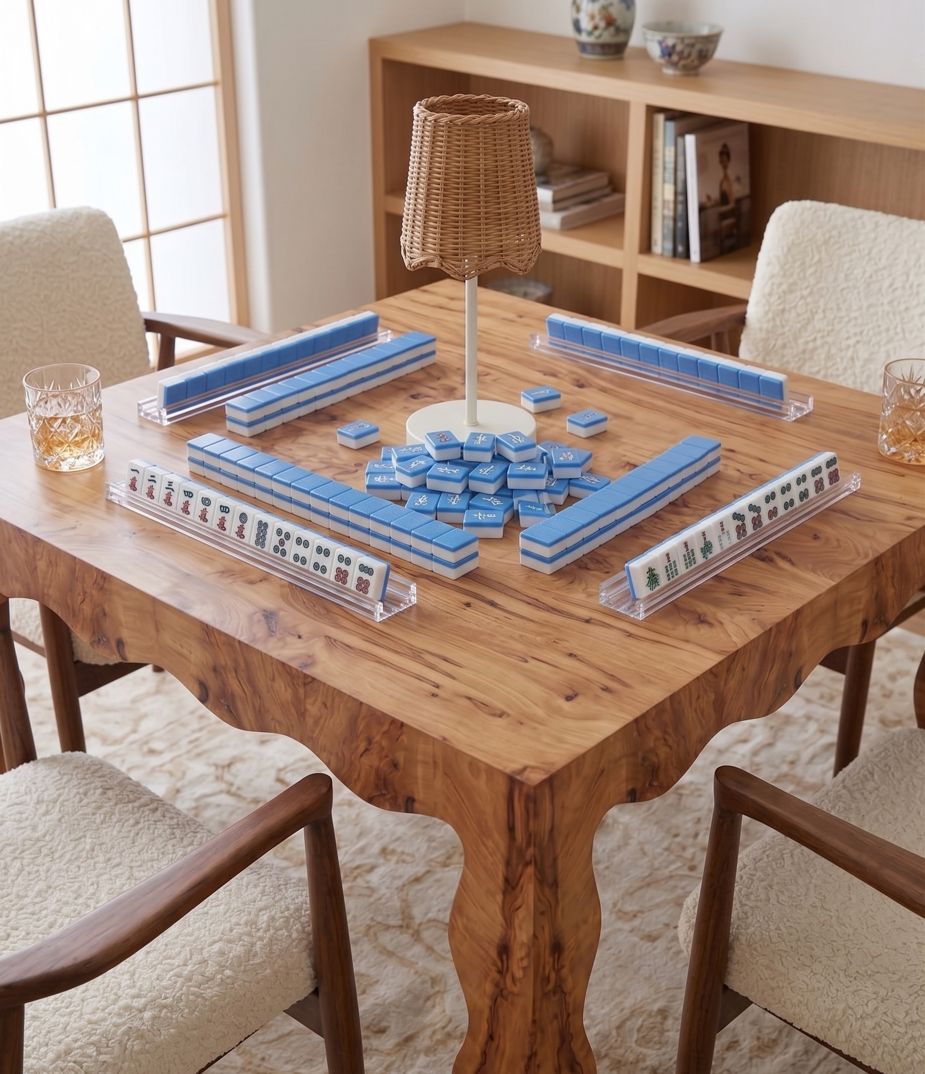 Wooden table with a game of tiles and chairs around it in a room.