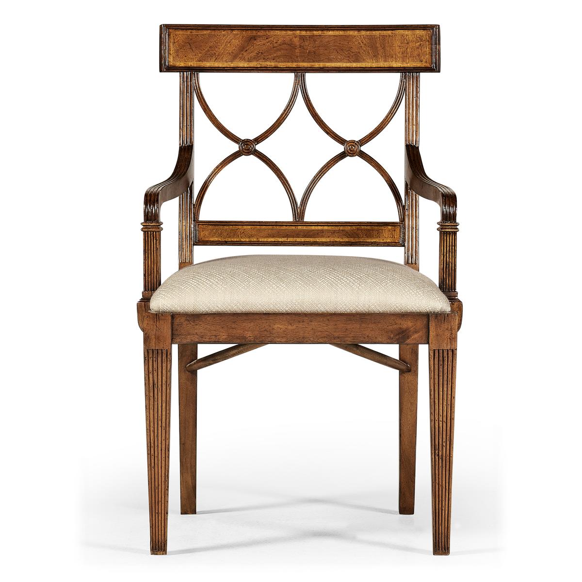 Jonathan Charles Regency Crotch Walnut Curved Back Arm Chair