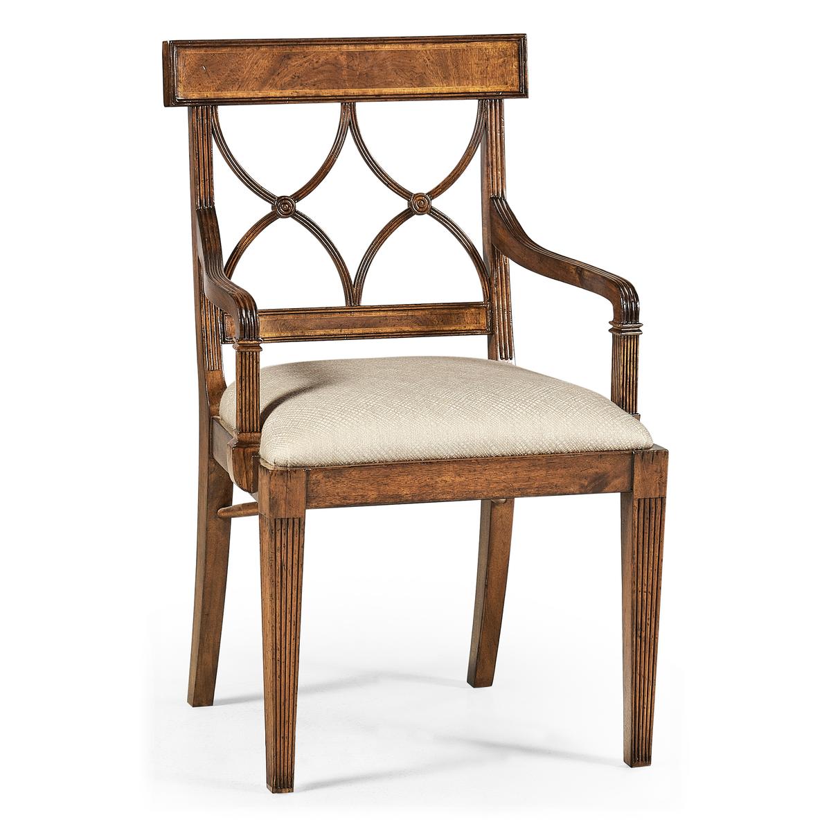 Jonathan Charles Regency Crotch Walnut Curved Back Arm Chair