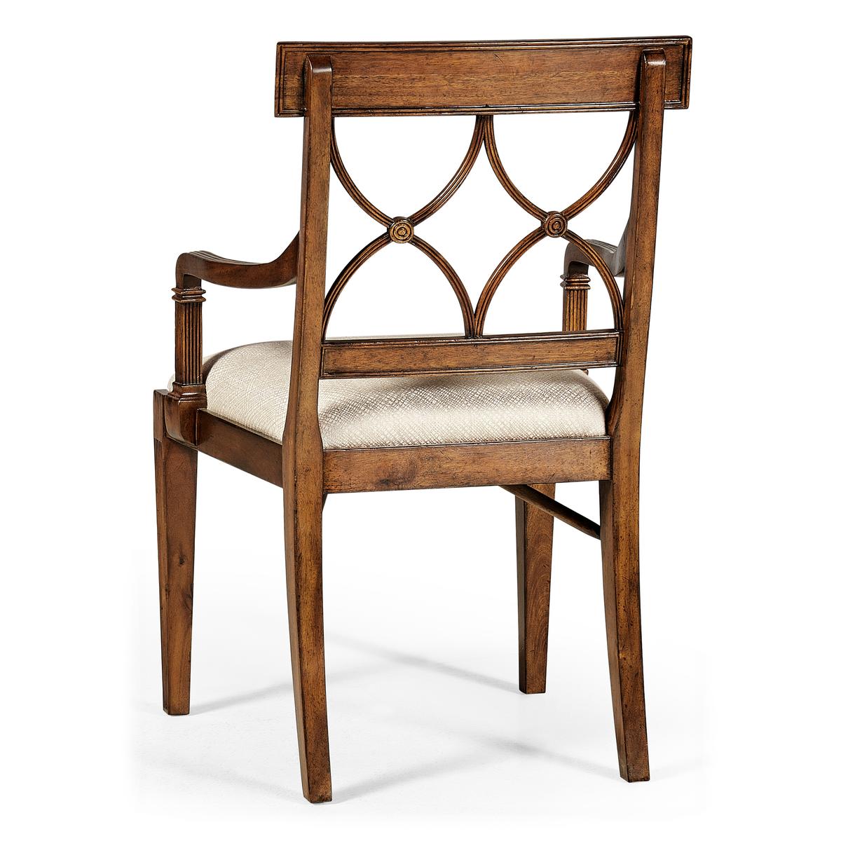 Jonathan Charles Regency Crotch Walnut Curved Back Arm Chair