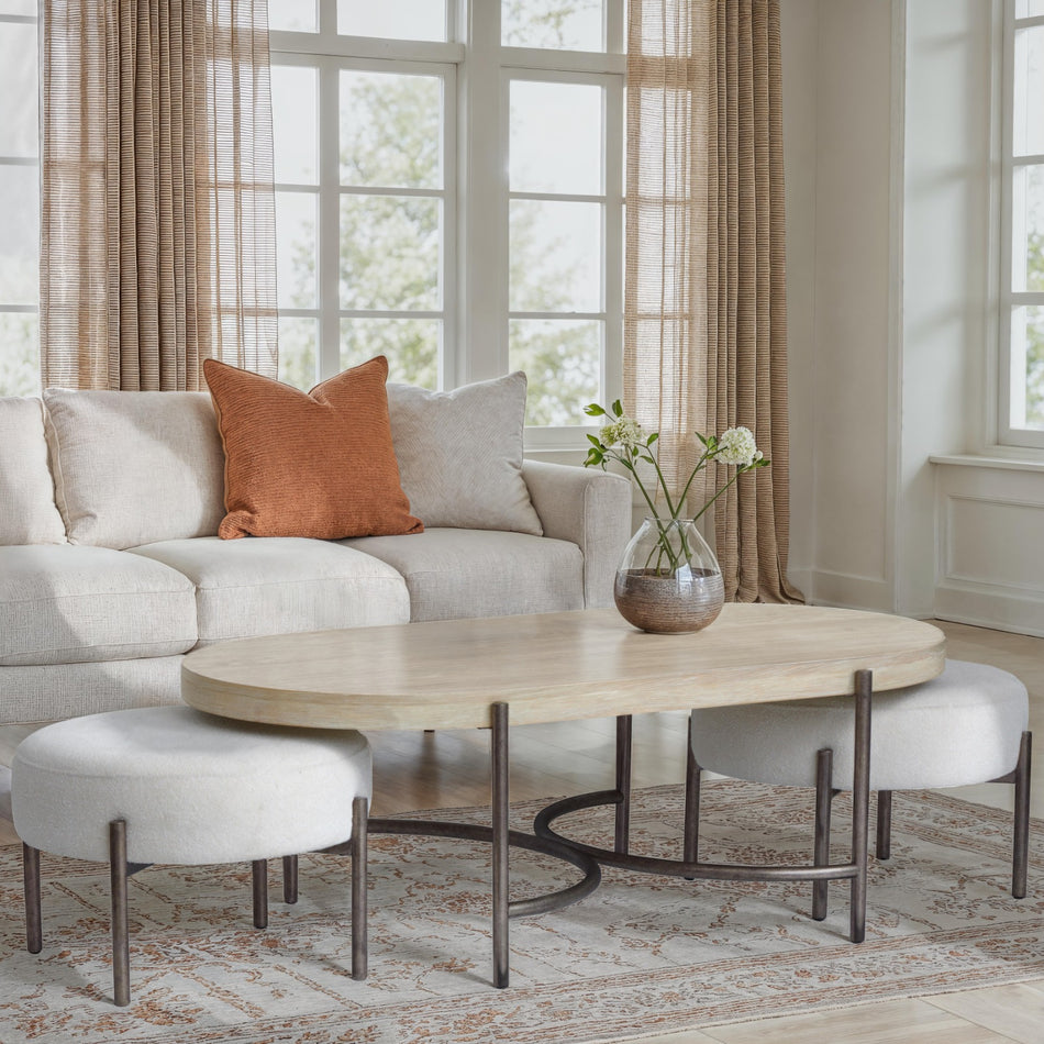 Magnussen Home Jennings Edgecomb Grey And Weathered Antique Nickel Oval Cocktail Table With 2 Ottomans