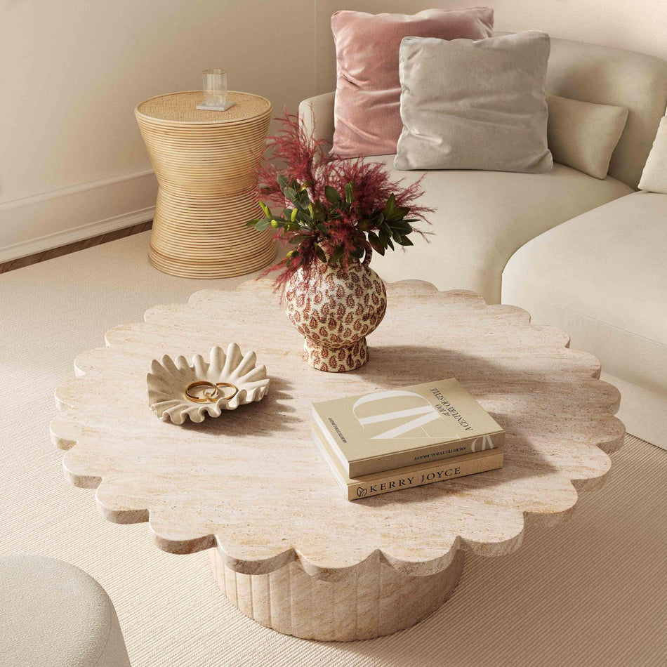 TOV Furniture Blossom Washed Faux Travertine Finish Indoor/Outdoor Round Coffee Table
