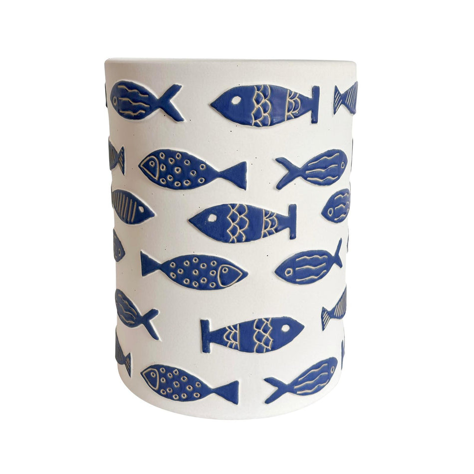 TOV Furniture Tempest Indoor/Outdoor Ceramic Table in Blue Fish
