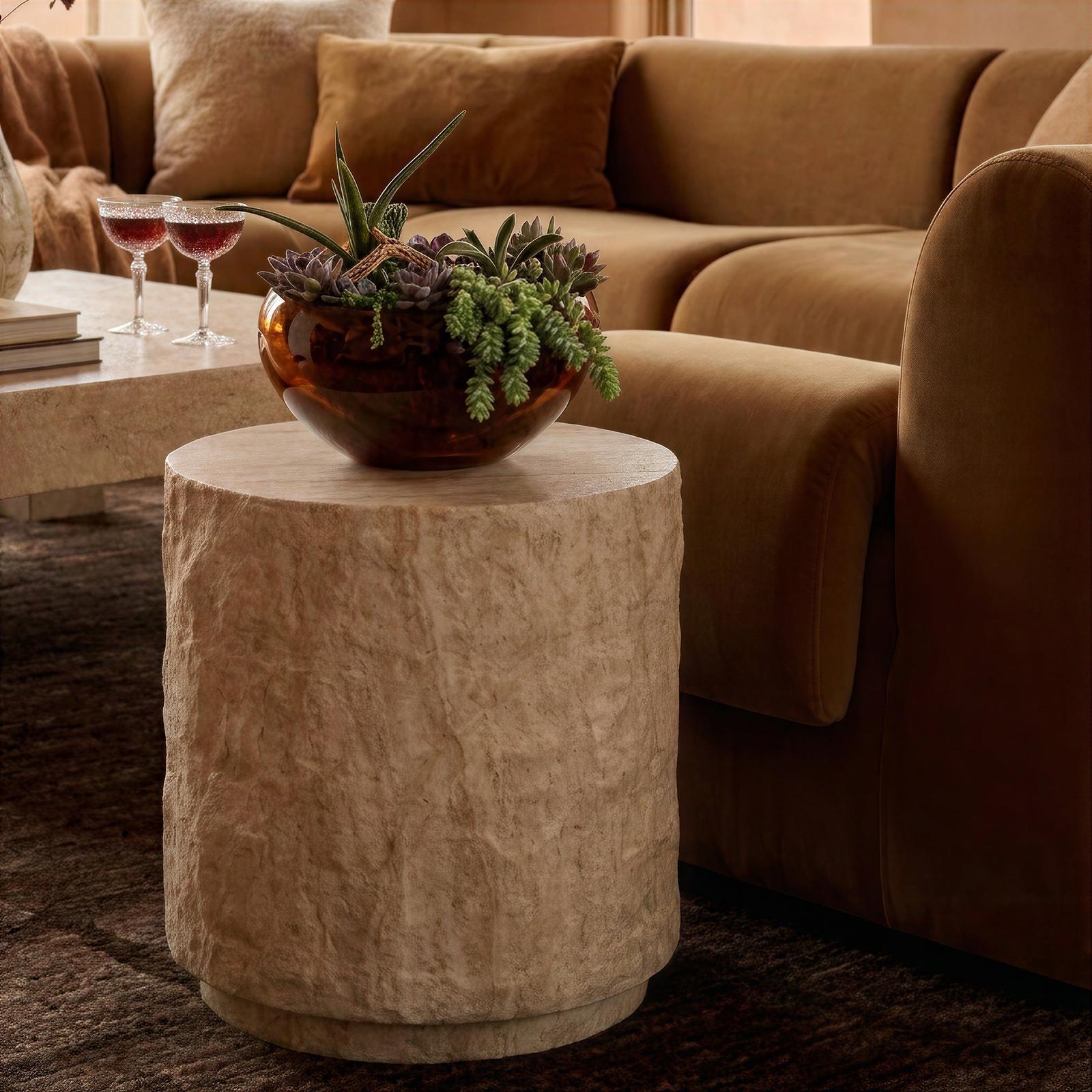 TOV Furniture Roxanne Faux Travertine Indoor/Outdoor Concrete Side Table