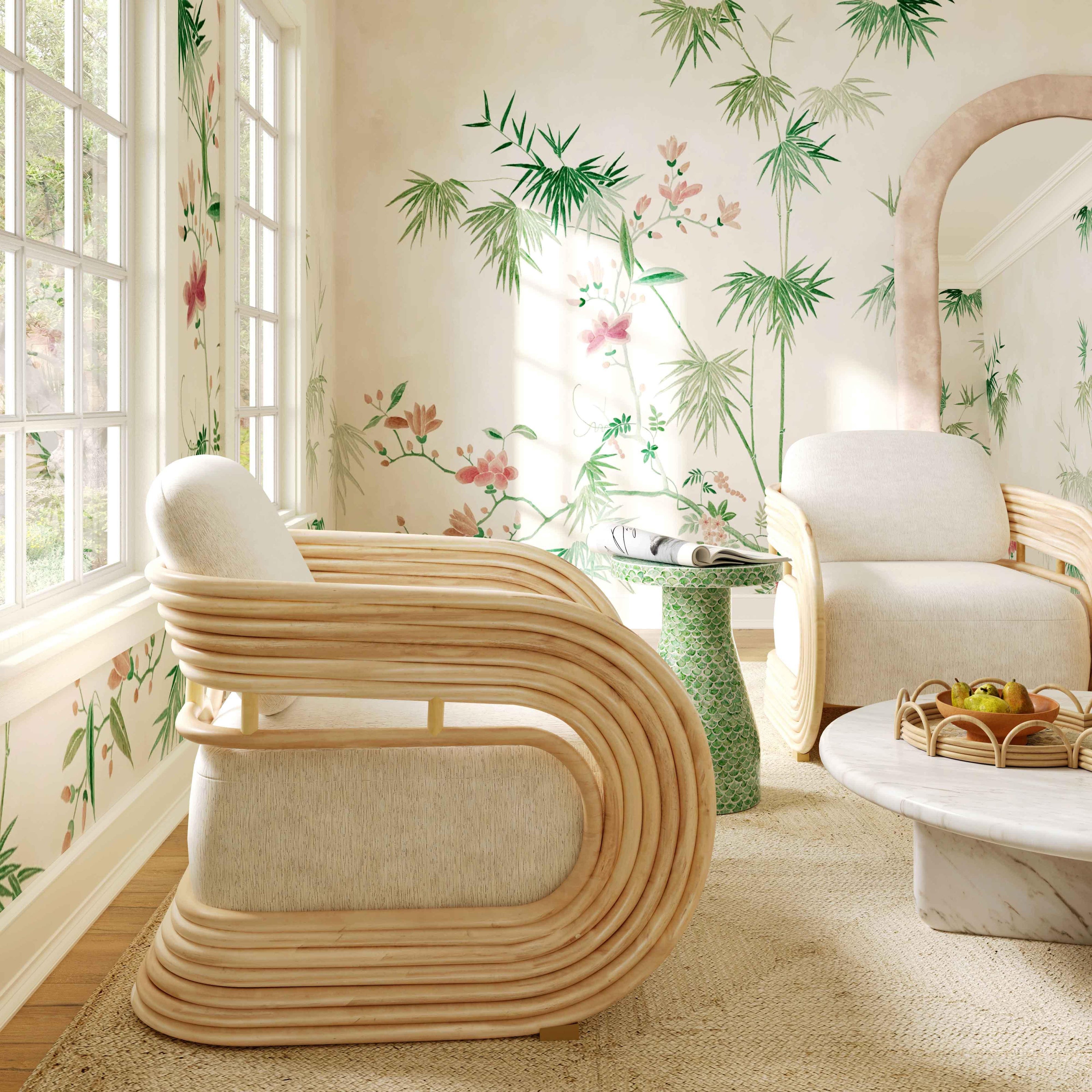 TOV Furniture Lauretta Cream Fabric and Natural Rattan Accent Chair