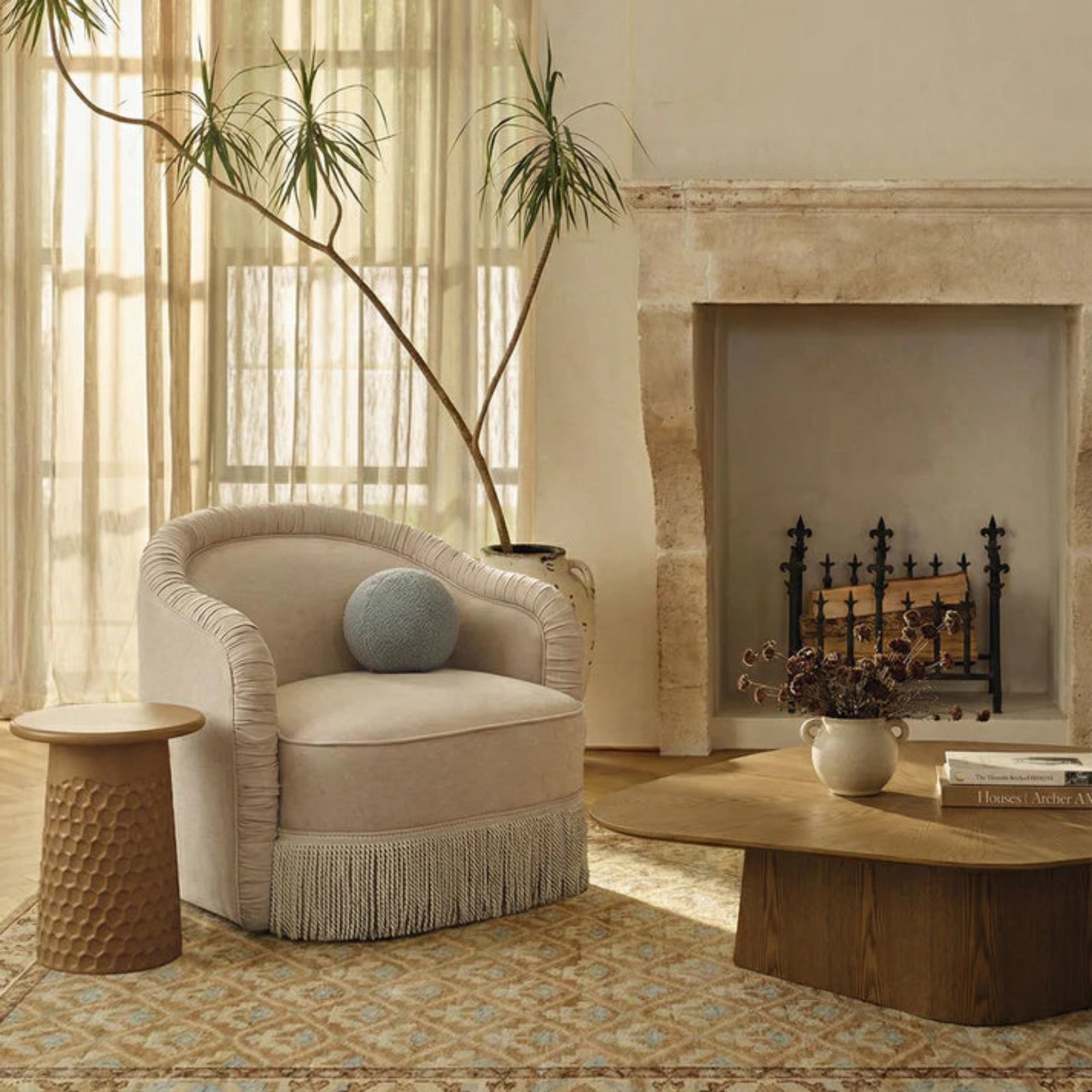 TOV Furniture Pamela Tan Performance Chenille Tasseled Lounge Accent Chair