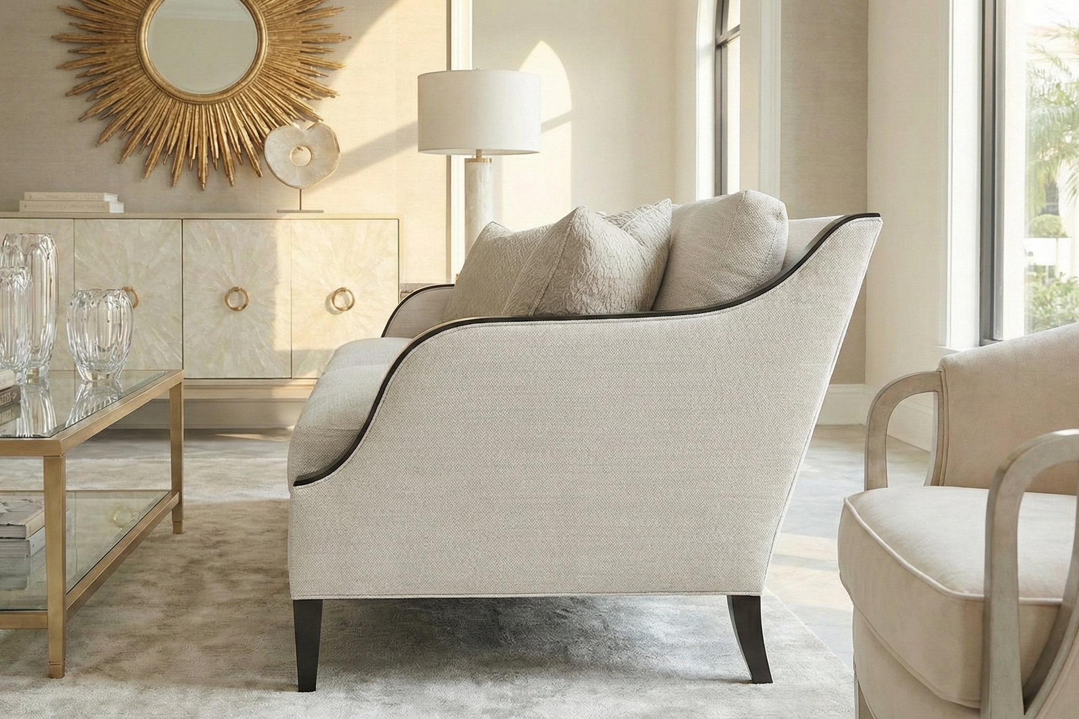 Side profile view of a beige upholstered sofa featuring a curved slope arm outlined with dark wood trim and tapered legs.