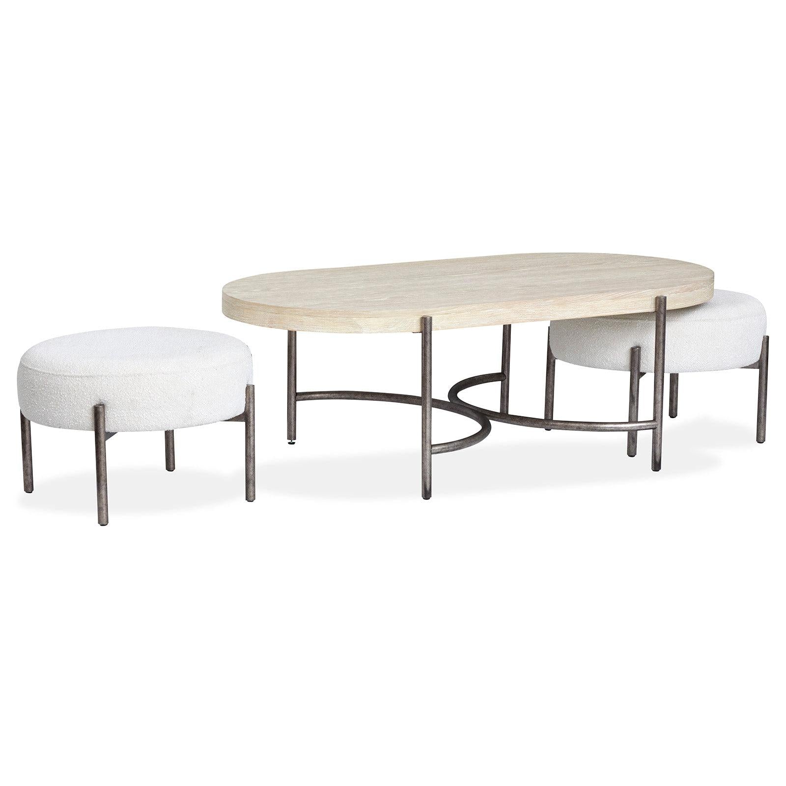 Magnussen Home Jennings Edgecomb Grey And Weathered Antique Nickel Oval Cocktail Table With 2 Ottomans