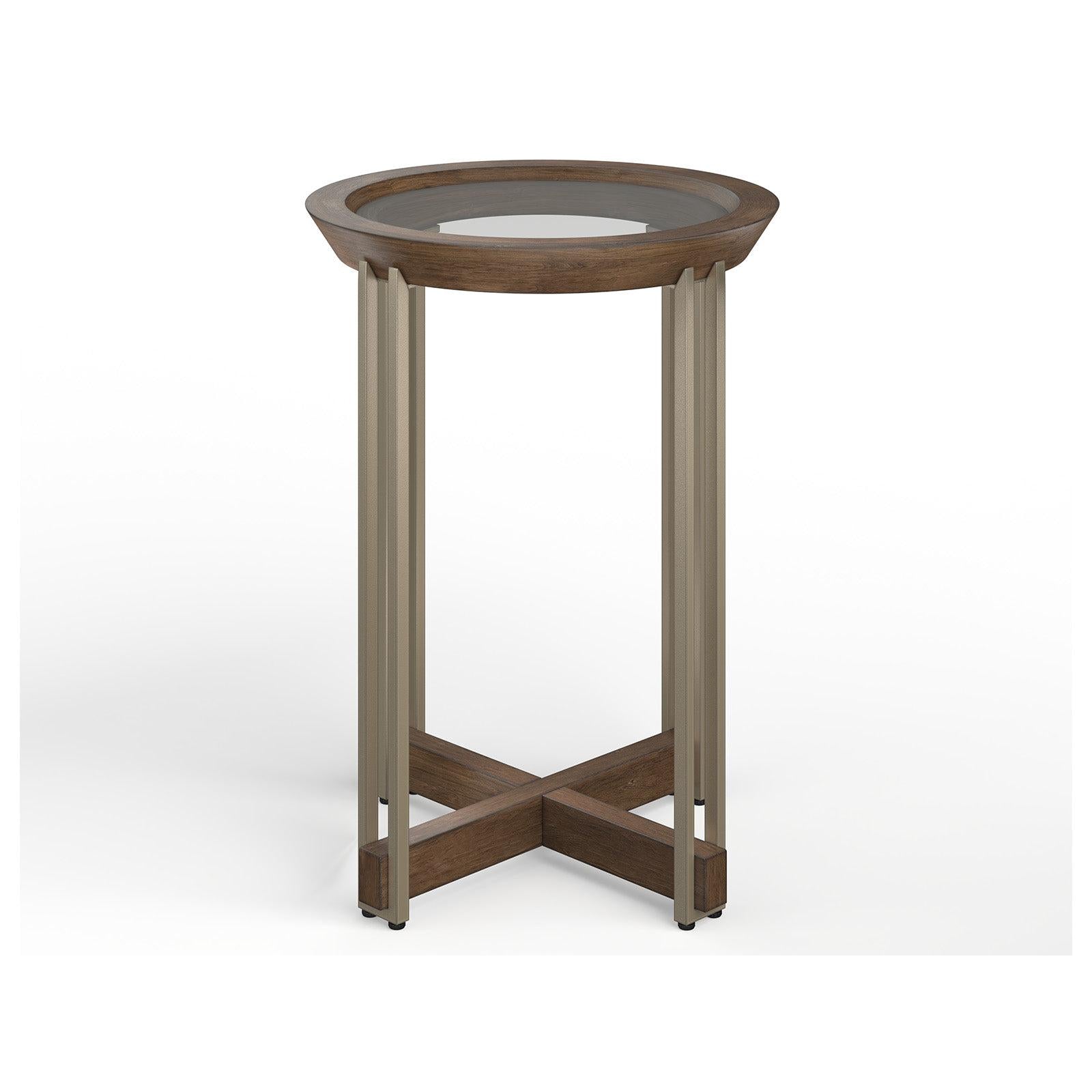 Magnussen Home Elora Walnut And Tarnished Silver And Clear Glass Round Accent Table