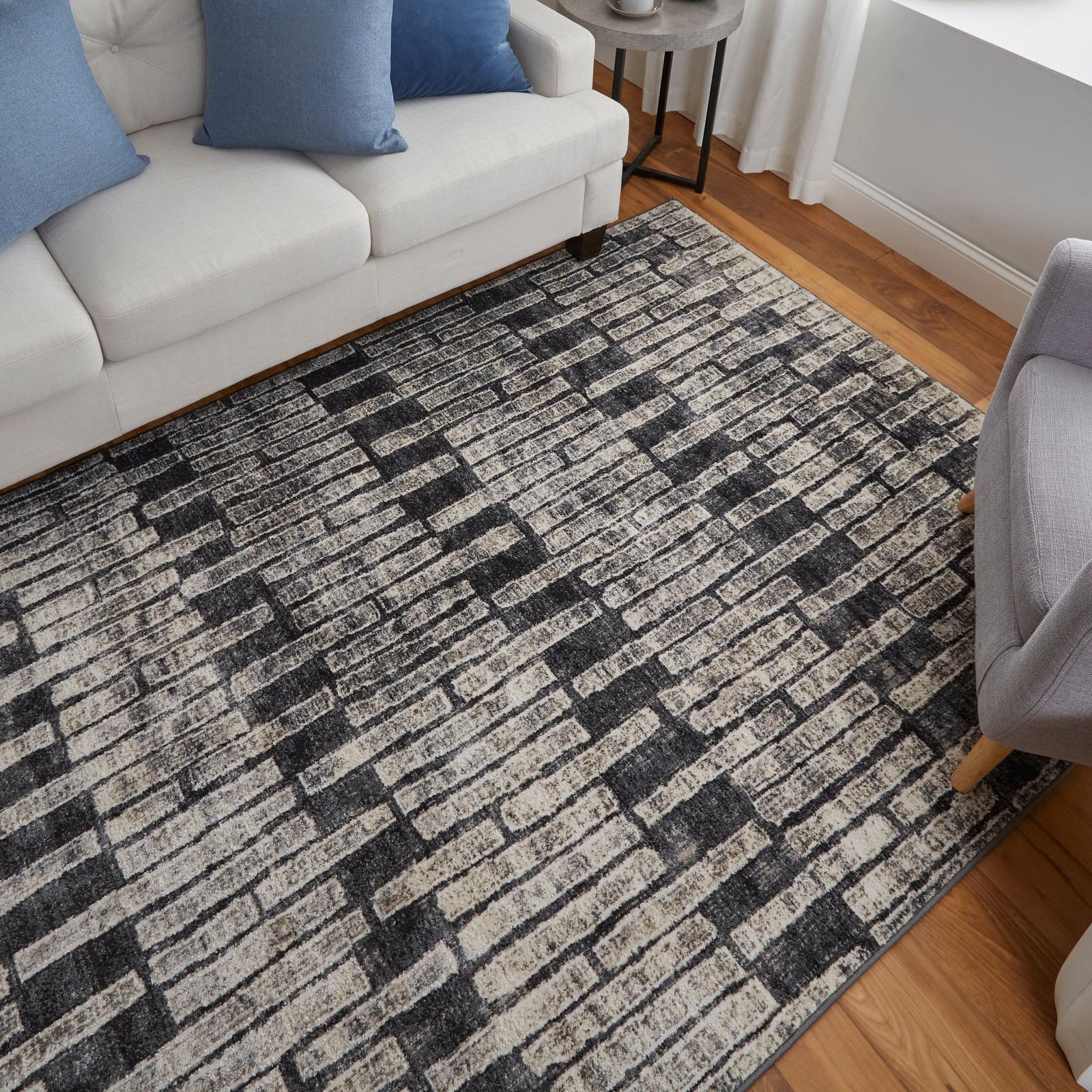 Feizy Kano 39LKF Transitional Geometric Rug in Gray/Black/Ivory