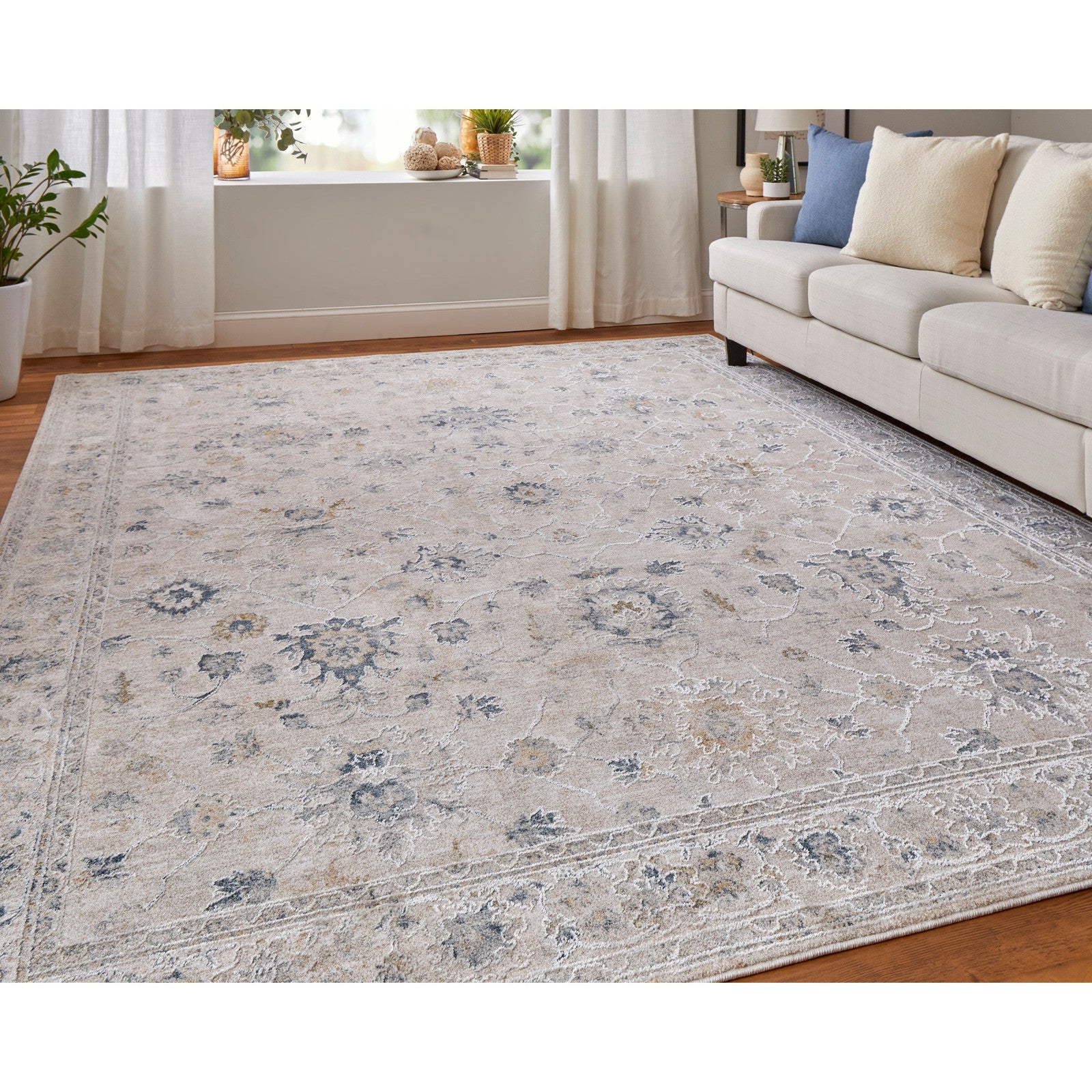 Feizy Pasha 39M7F Transitional Floral & Botanical in Ivory/Taupe/Blue