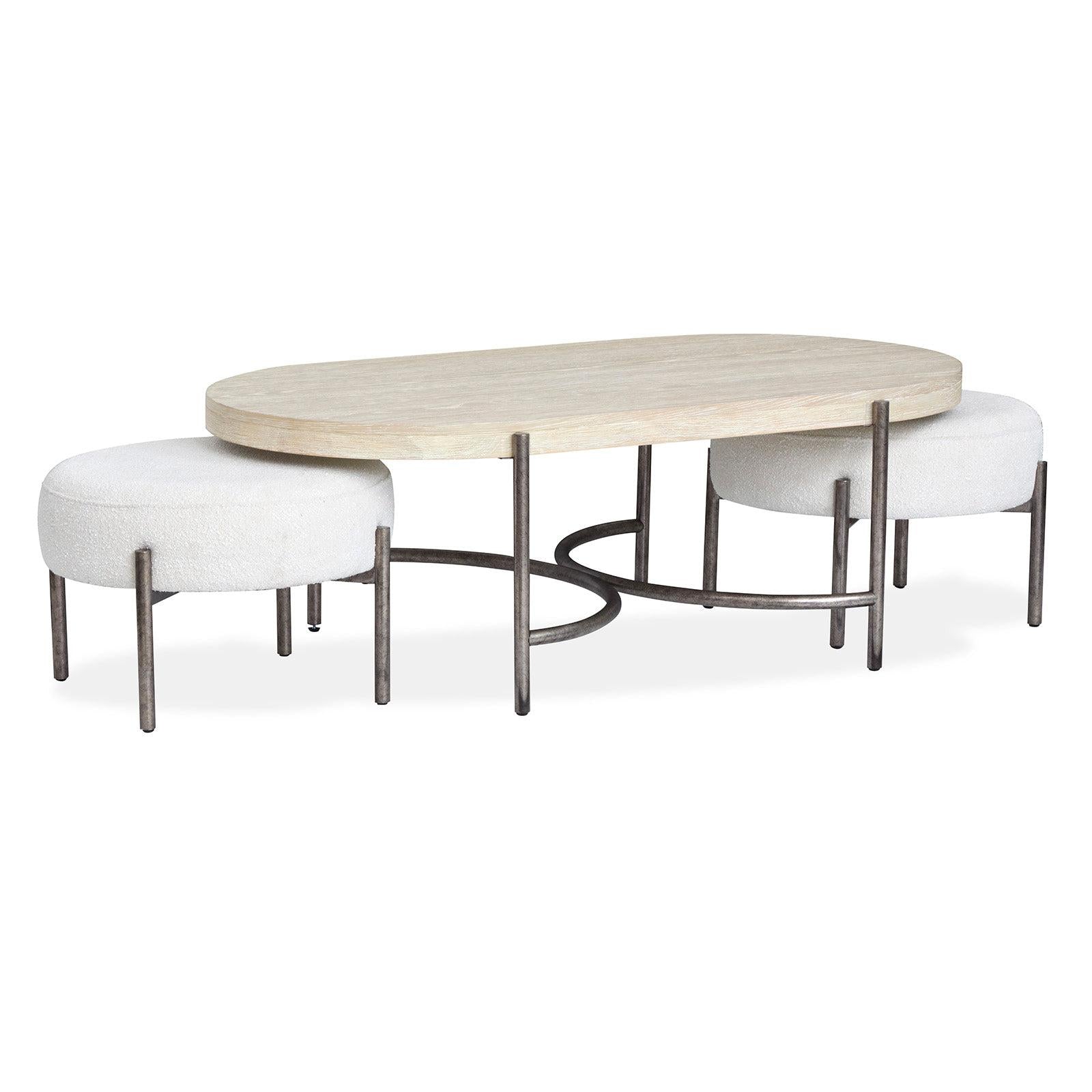 Magnussen Home Jennings Edgecomb Grey And Weathered Antique Nickel Oval Cocktail Table With 2 Ottomans