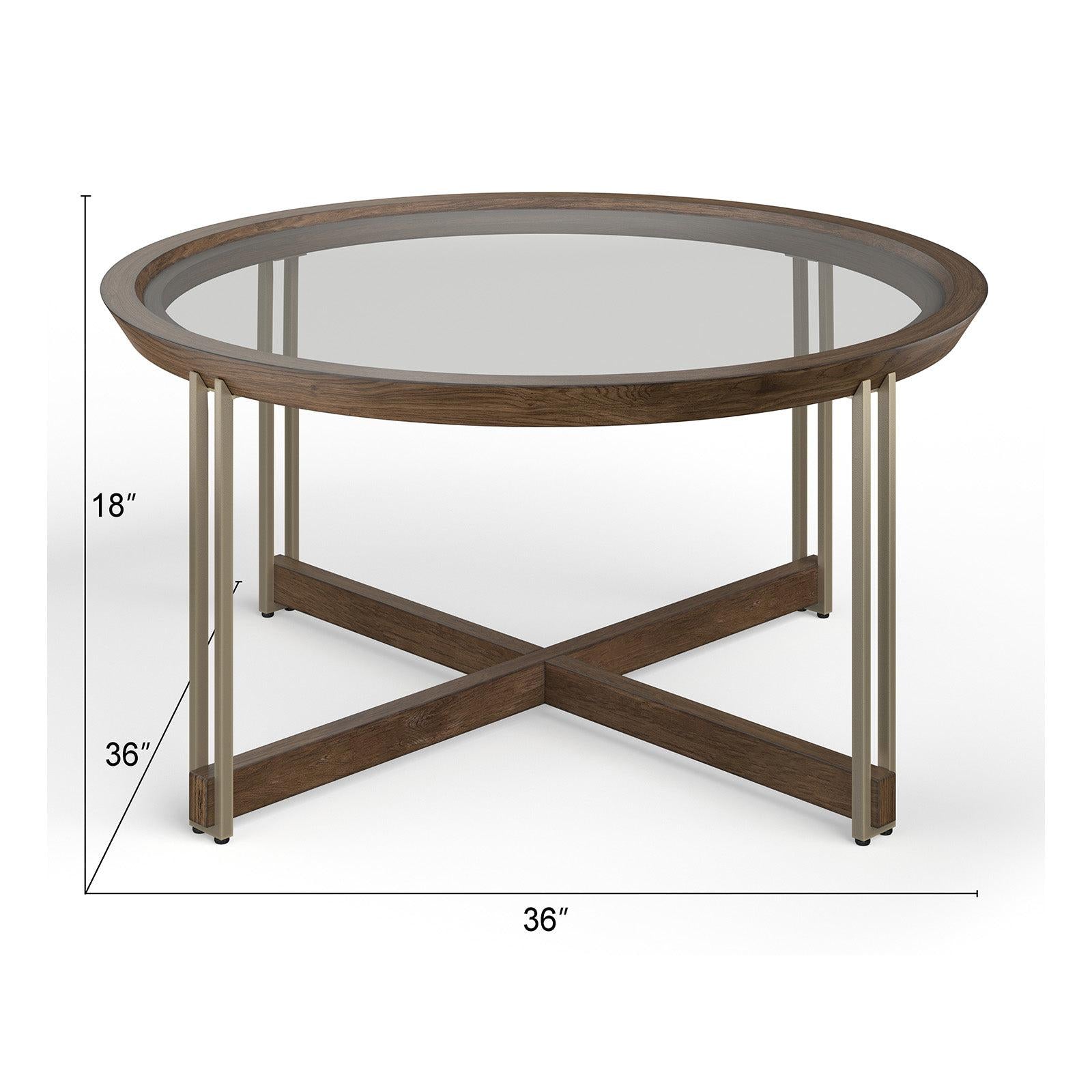 Magnussen Home Elora Walnut And Tarnished Silver And Clear Glass Round Cocktail Table