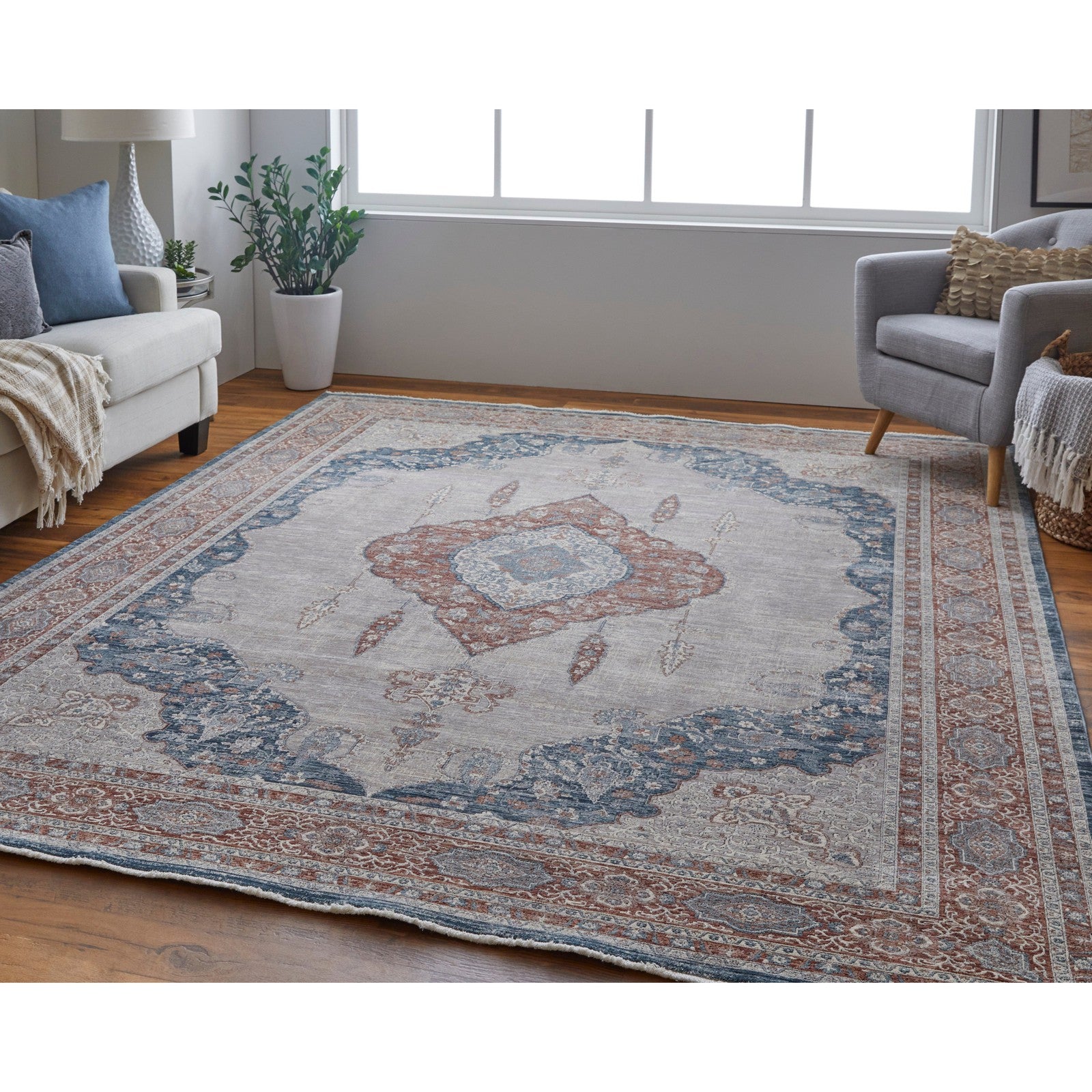 Feizy Marquette 39GRF Transitional Medallion in Gray/Red/Blue