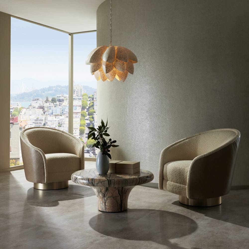Arteriors Aljona Swivel Chair Cream Sherpa Oyster Leather