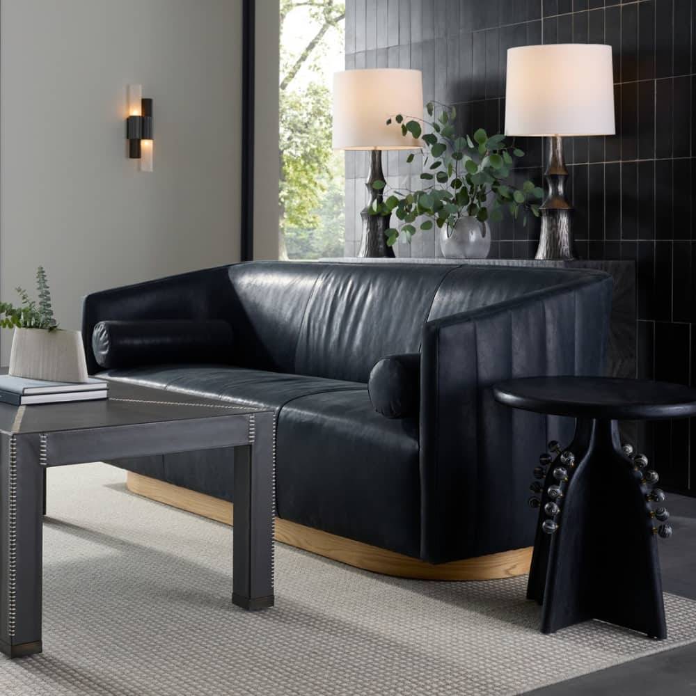 Arteriors Huxley Sofa Noir Leather White Oyster
