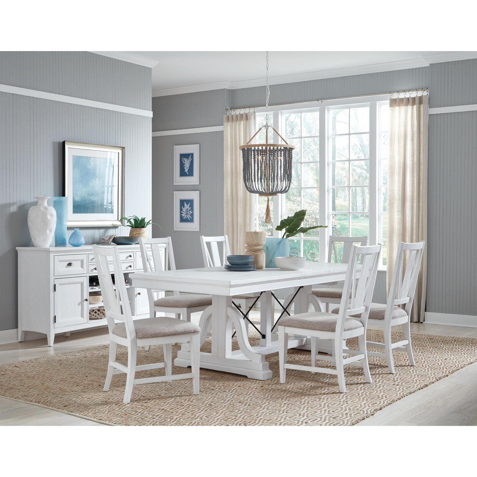 Magnussen Home Heron Cove Chalk White And Dovetail Grey Extendable Trestle Dining Table