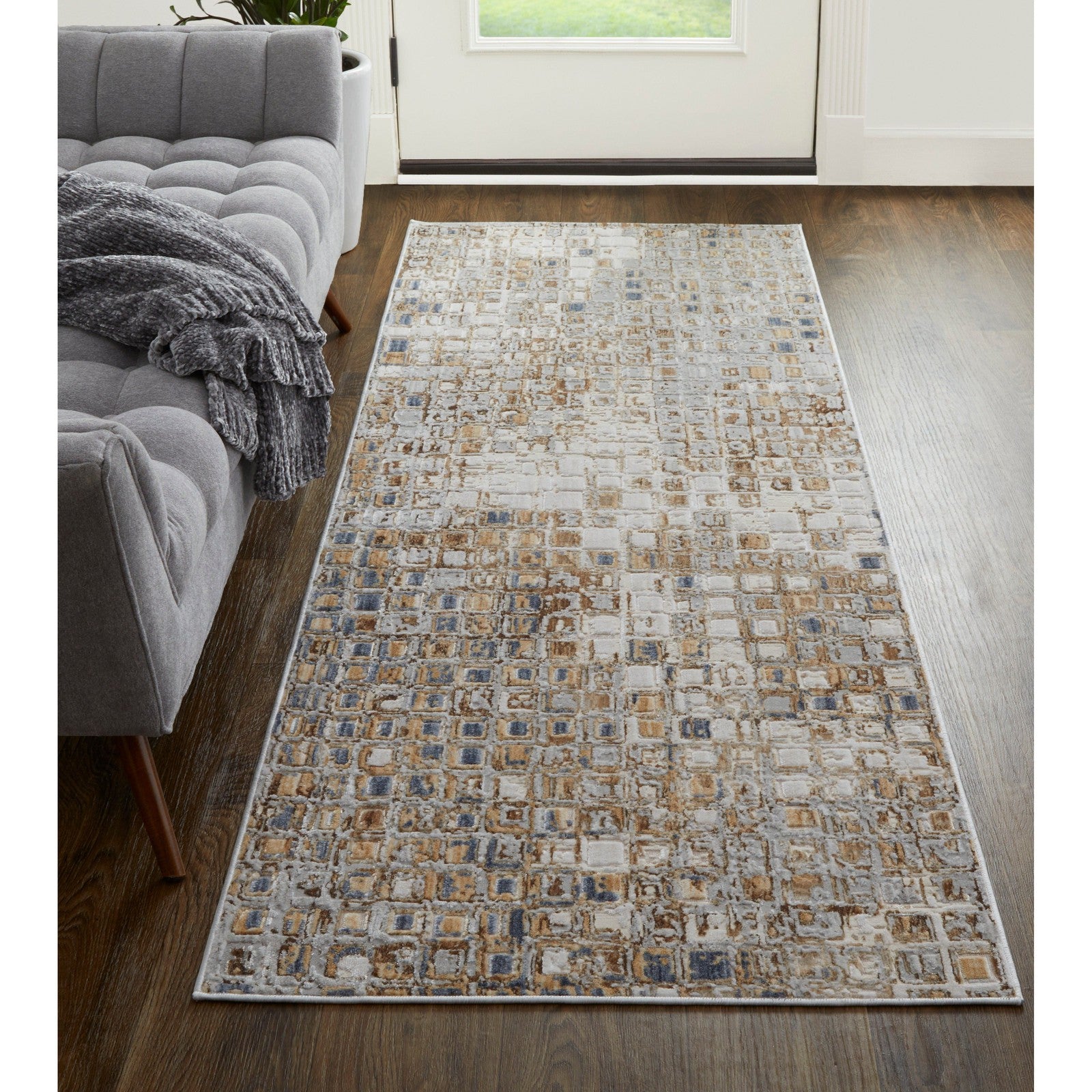 Feizy Laina 39G0F Transitional Geometric in Tan/Ivory/Blue