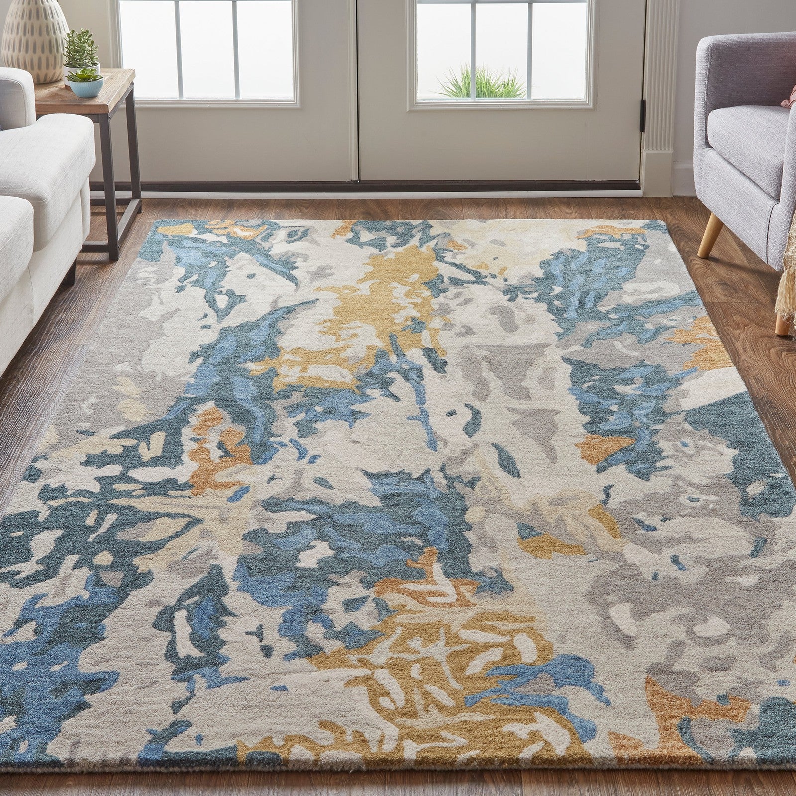 Feizy Everley 8645F Modern Abstract in Gray/Blue/Gold