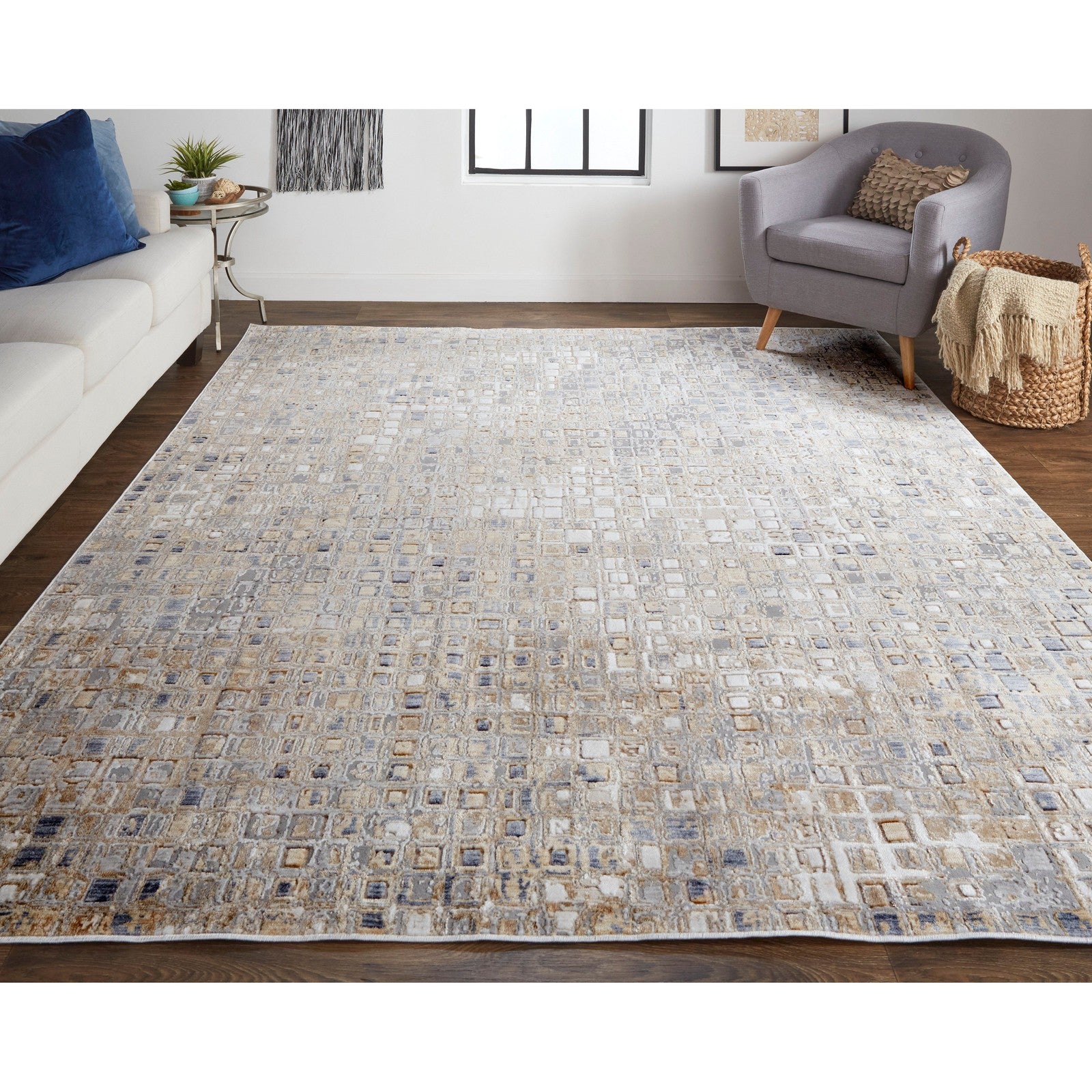 Feizy Laina 39G0F Transitional Geometric in Tan/Ivory/Blue