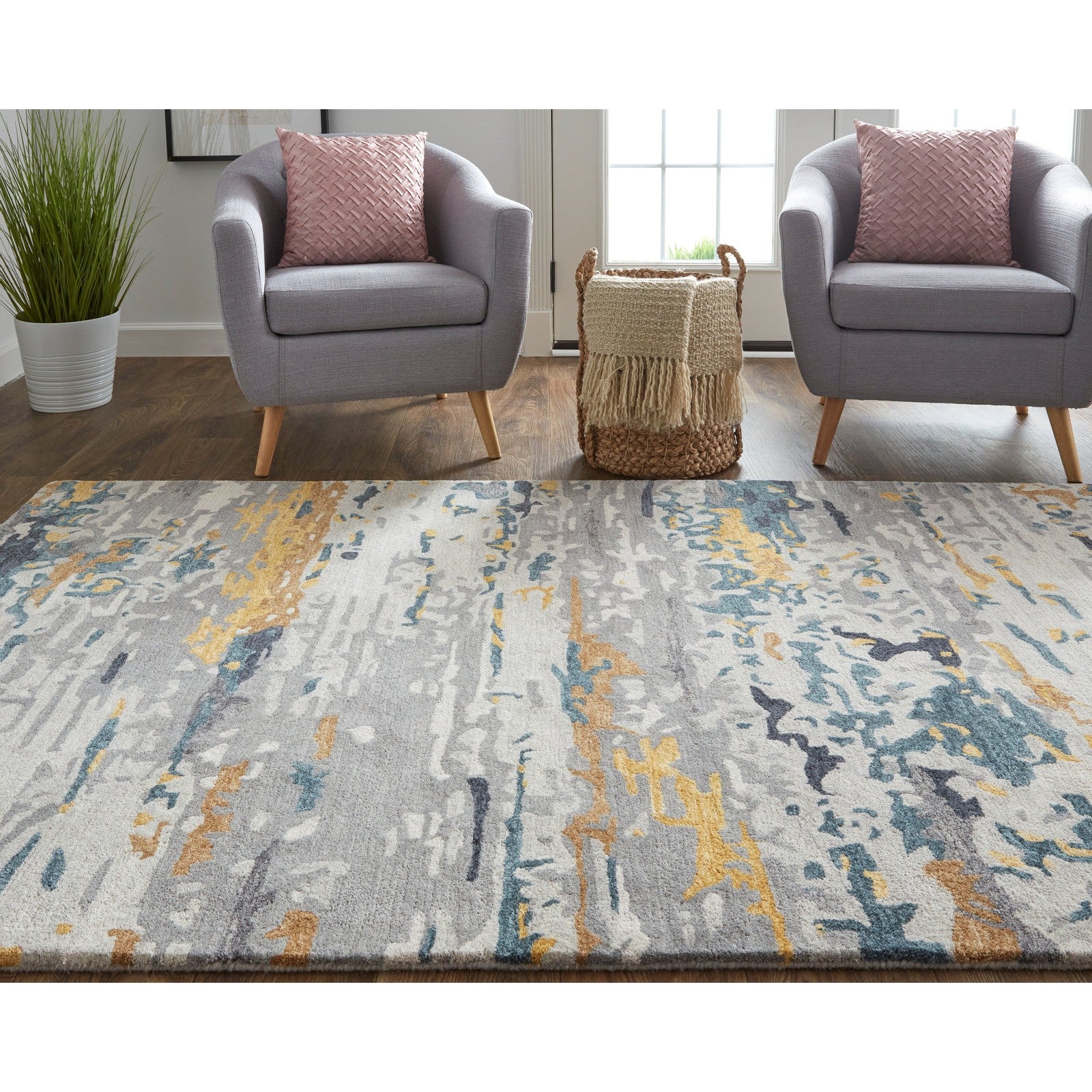 Feizy Everley 8644F Modern Abstract in Gray/Yellow/Blue