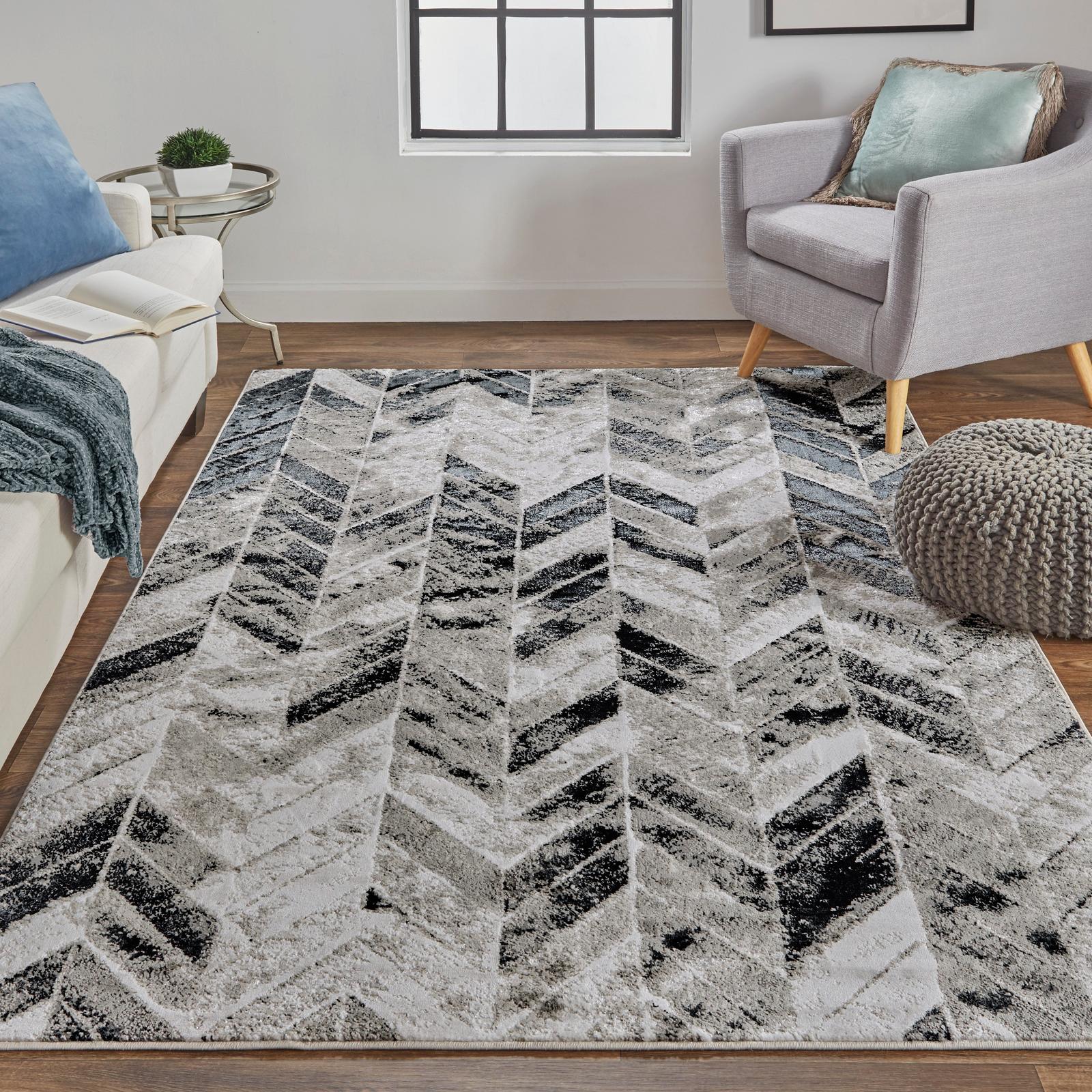 Feizy Micah 3048F Modern Chevron Rug in Black/Gray/Silver