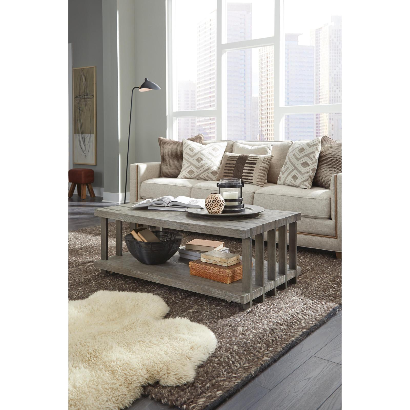 Magnussen Home Eldridge Weathered Gravel And Satin Bronze Rectangular Cocktail Table With Casters