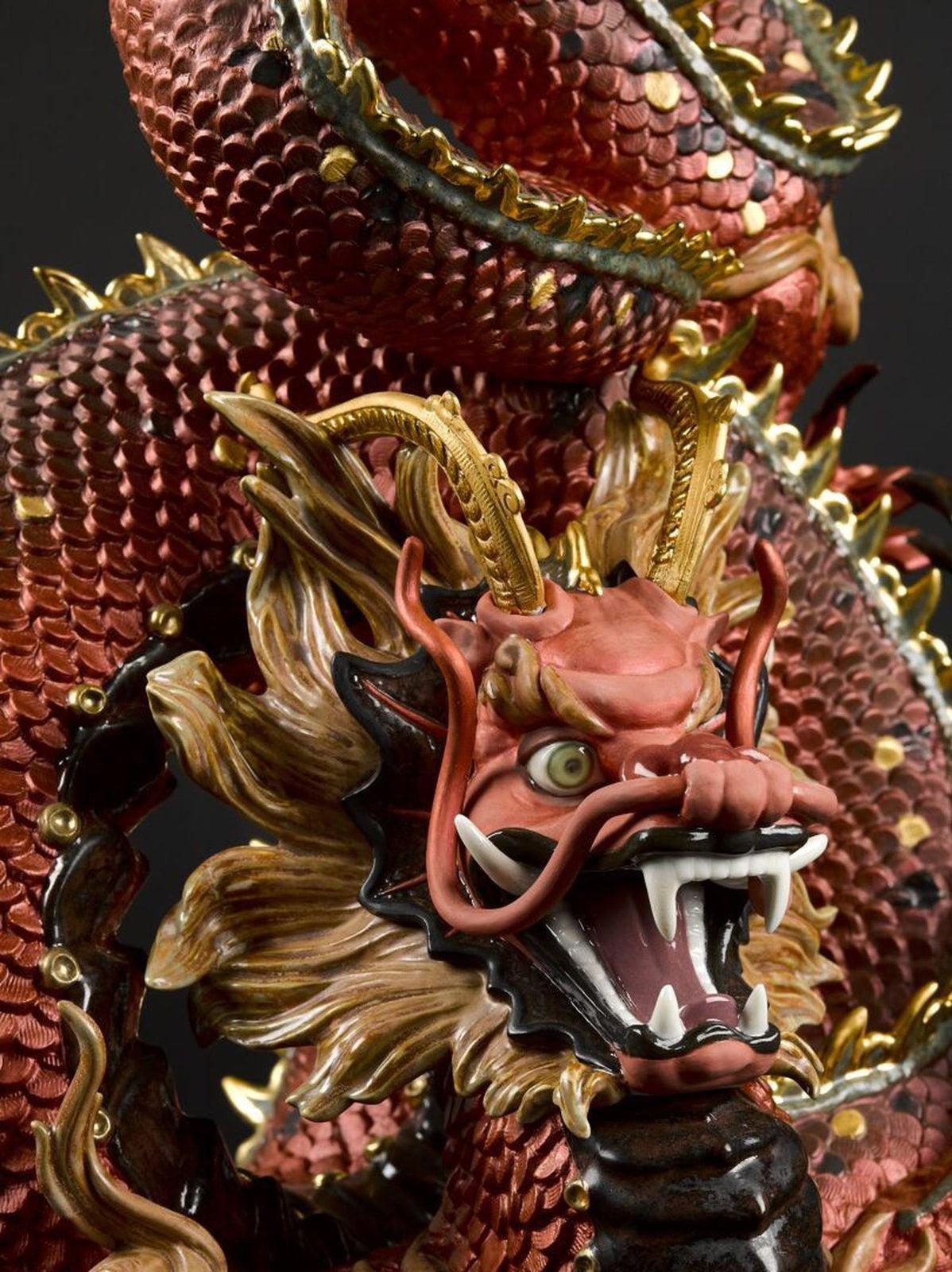 Lladro Protective Dragon Sculpture Golden Luster and Red - Limited Edition