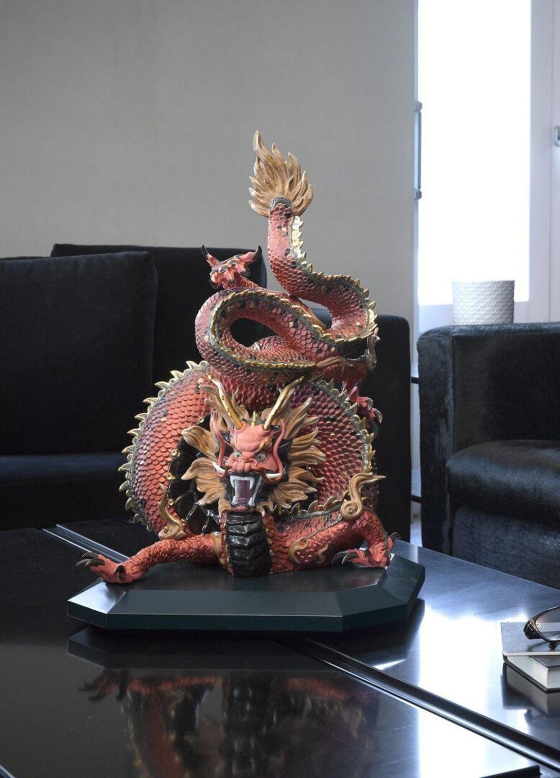 Lladro Protective Dragon Sculpture Golden Luster and Red - Limited Edition