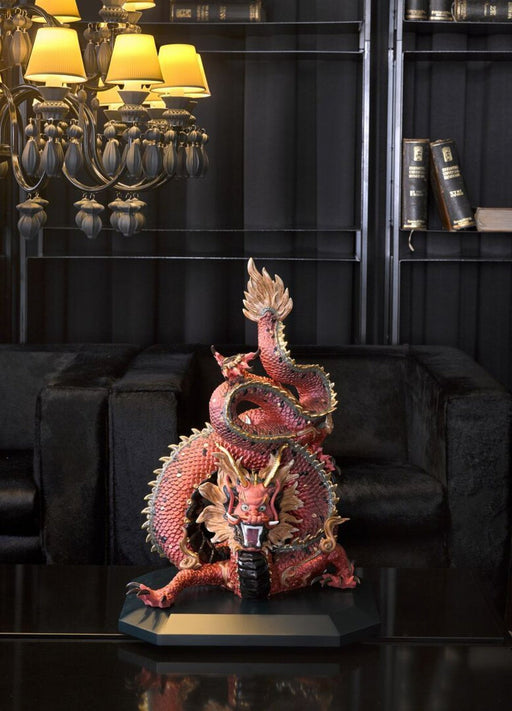Lladro Protective Dragon Sculpture Golden Luster and Red - Limited Edition