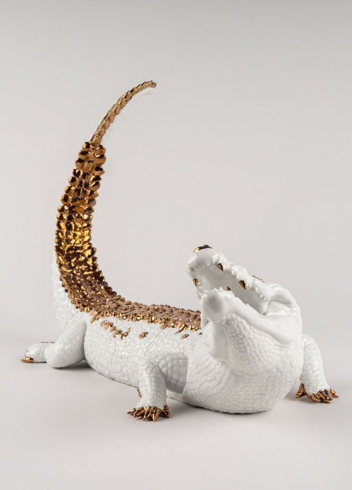 Lladro Crocodile Figurine White and Copper