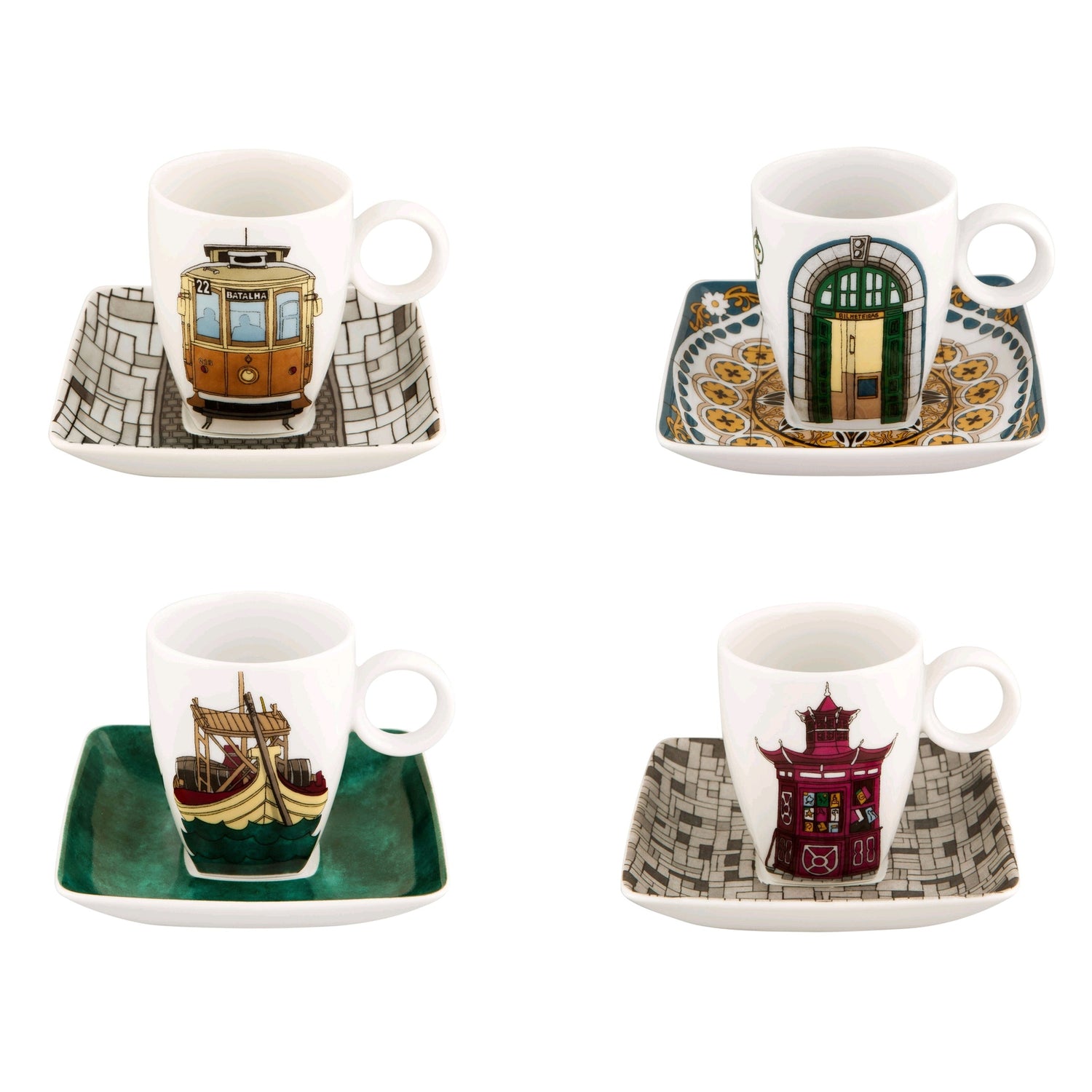 Vista Alegre Alma Do Porto Cups & Saucers with Gift Box By Beatriz Lamanna - Set of 4