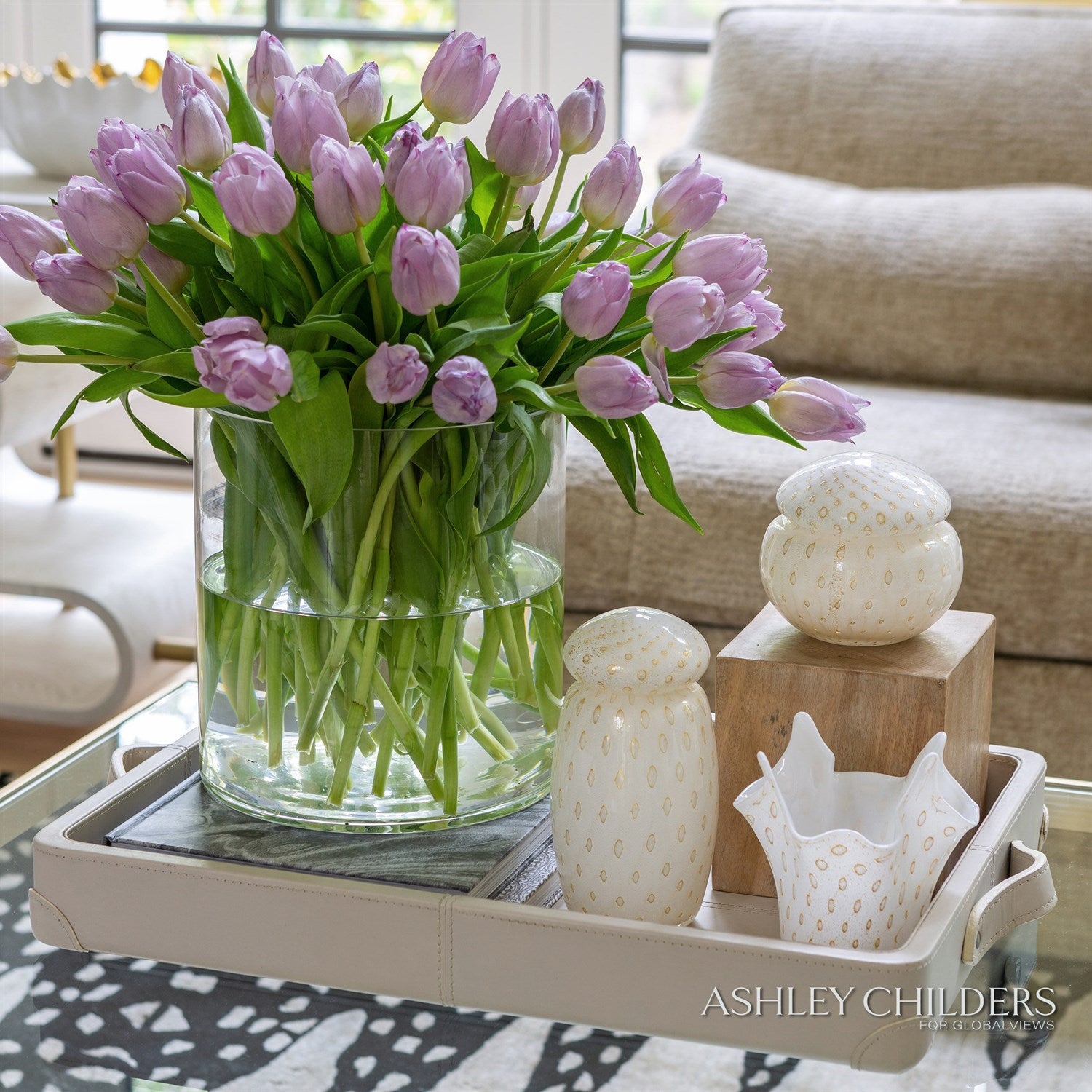 Global Views Tiburtina Tray in Mist Leather by Ashley Childers