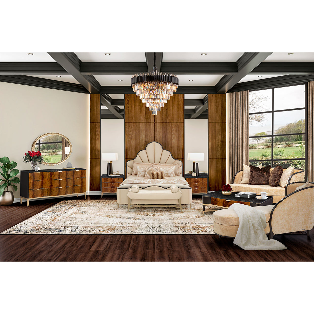 Michael Amini Malibu Crest Crotch Mahogany Scalloped Panel Bed