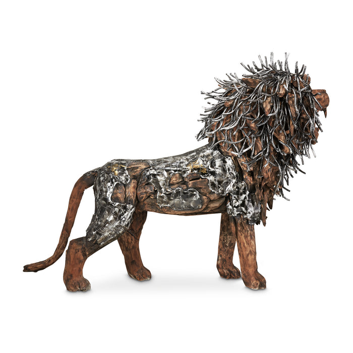 Michael Amini Wood Cratfed Walking Lion w/ Aluminum
