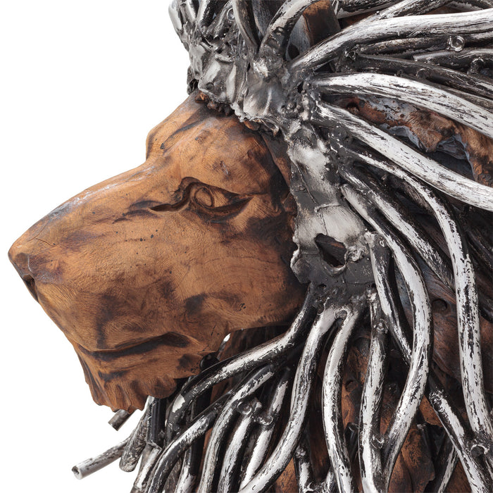 Michael Amini Wood Cratfed Small Lion w/ Aluminum